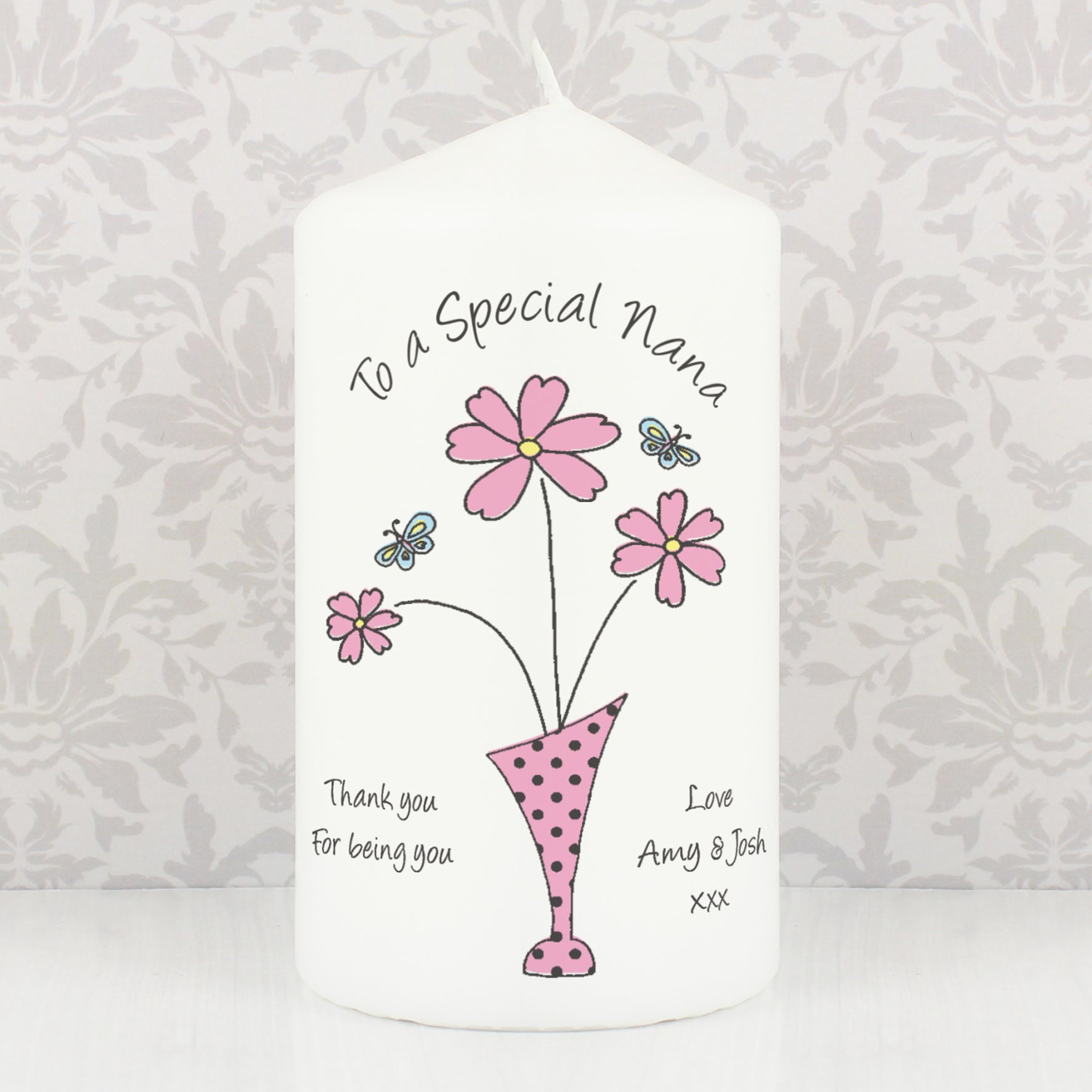 Personalised Flower in Vase Message Pillar Candle - MK&JD Gifts