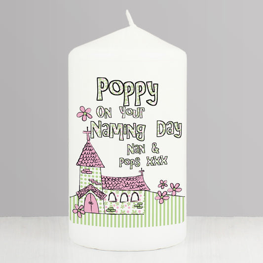 Personalised Pink Church Pillar Candle - MK&JD Gifts