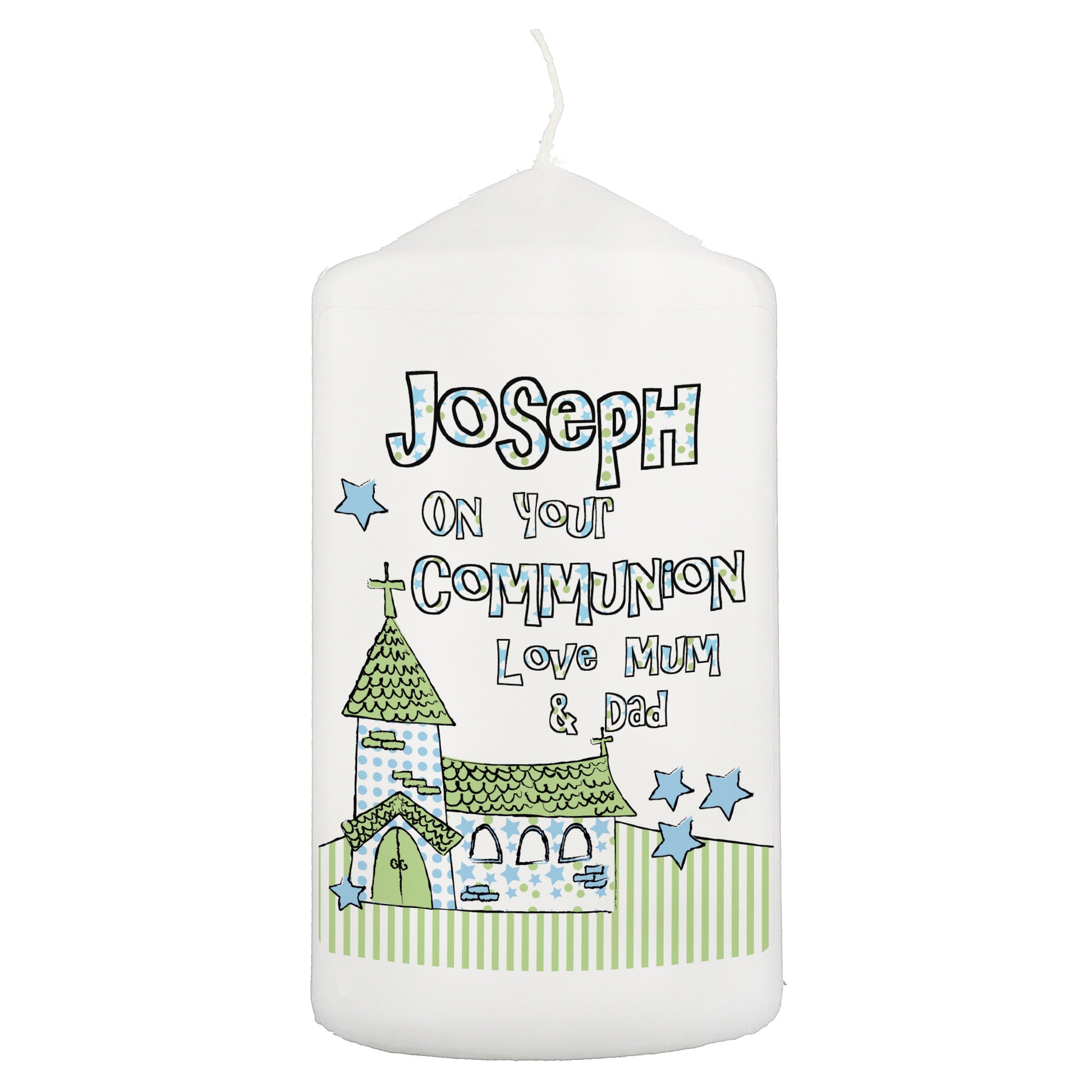 Personalised Blue Church Pillar Candle - MK&JD Gifts