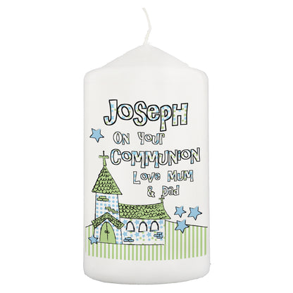 Personalised Blue Church Pillar Candle - MK&JD Gifts