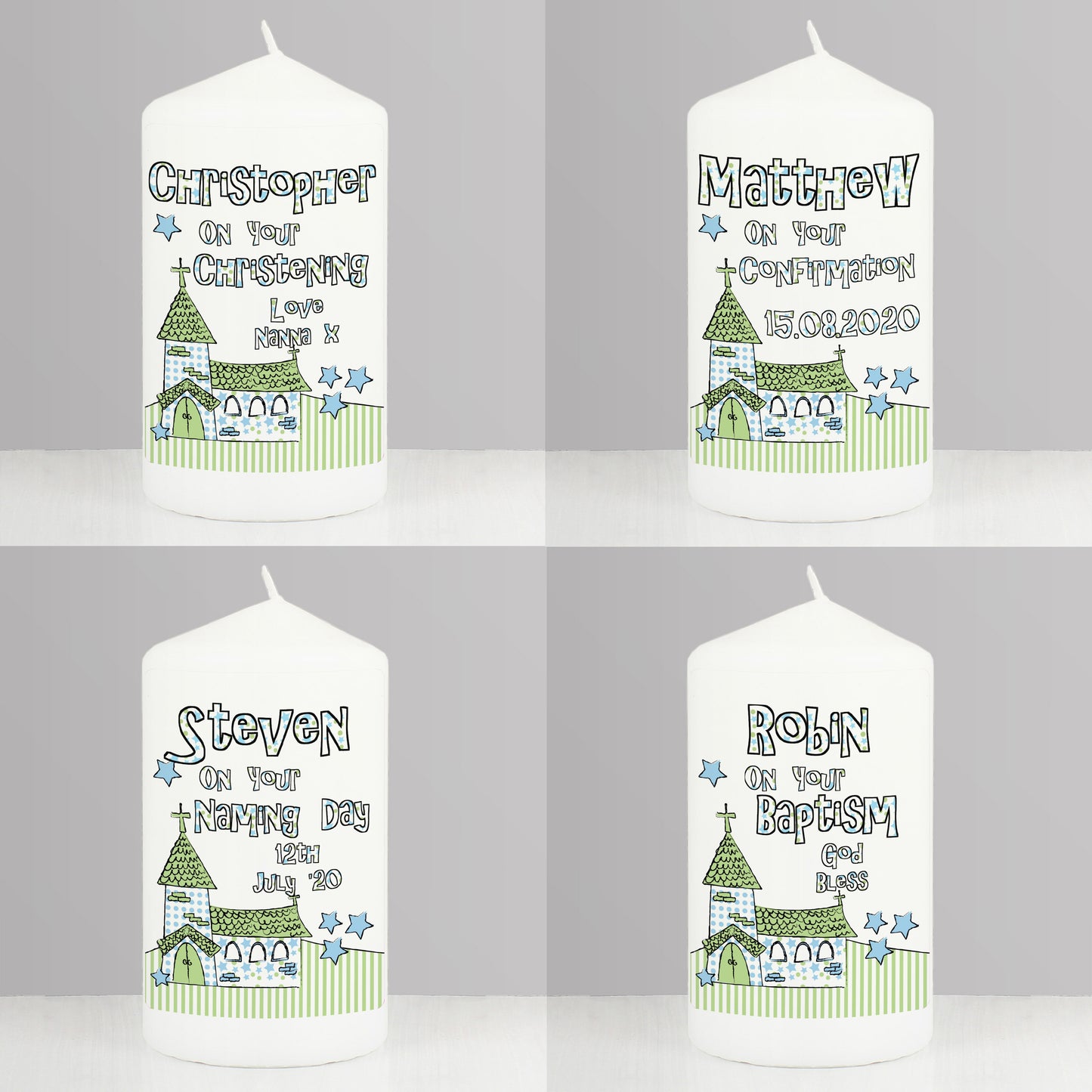 Personalised Blue Church Pillar Candle - MK&JD Gifts