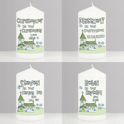 Personalised Blue Church Pillar Candle - MK&JD Gifts