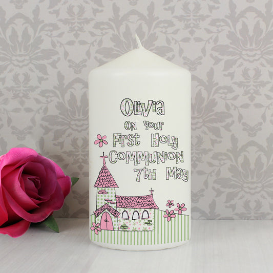 Personalised Whimsical Church Pink 1st Holy Communion Pillar Candle - MK&JD Gifts