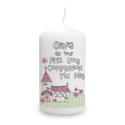 Personalised Whimsical Church Pink 1st Holy Communion Pillar Candle - MK&JD Gifts