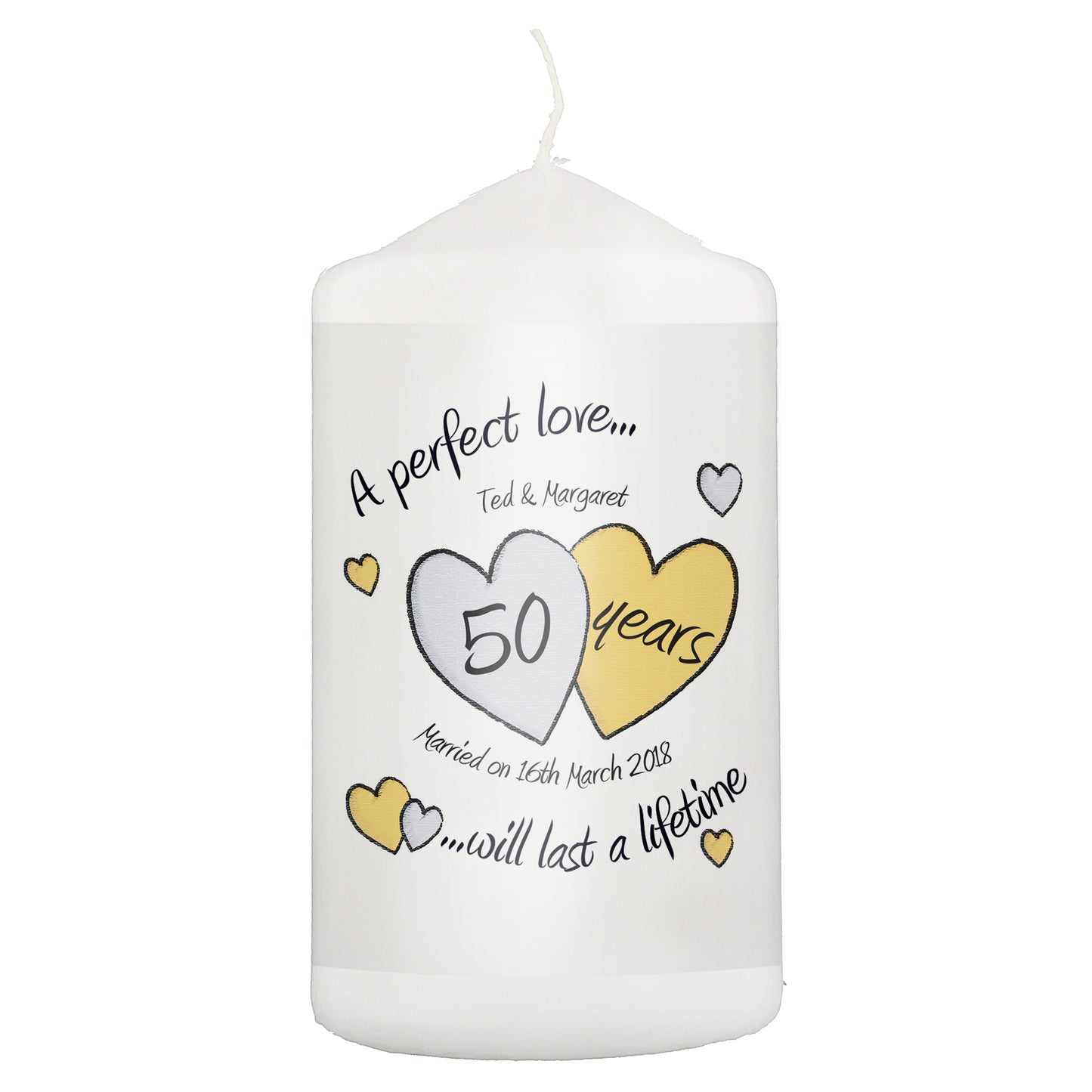 Personalised A Perfect Love Golden Anniversary Pillar Candle - MK&JD Gifts