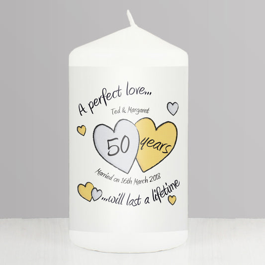 Personalised A Perfect Love Golden Anniversary Pillar Candle - MK&JD Gifts