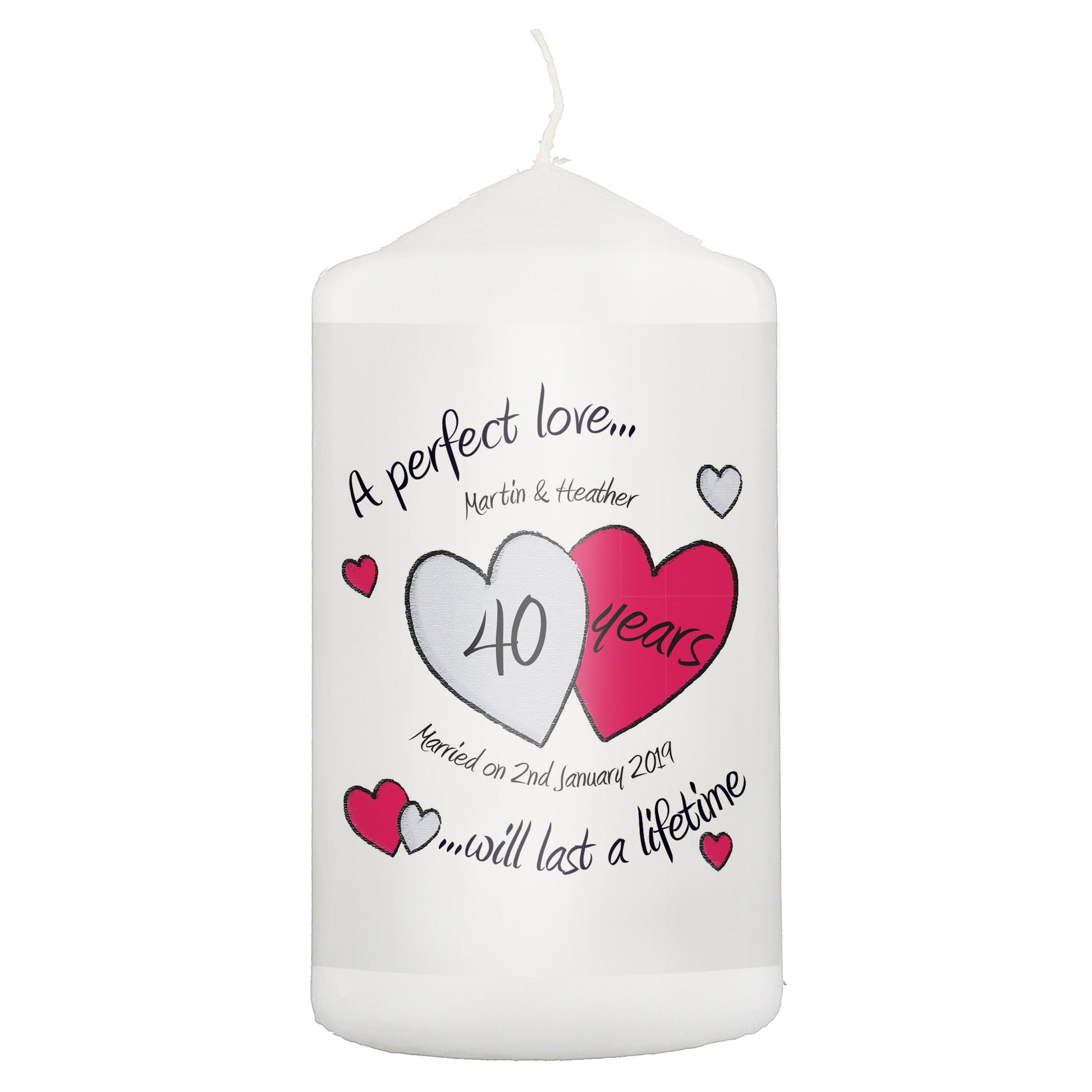 Personalised A Perfect Love Ruby Anniversary Pillar Candle - MK&JD Gifts
