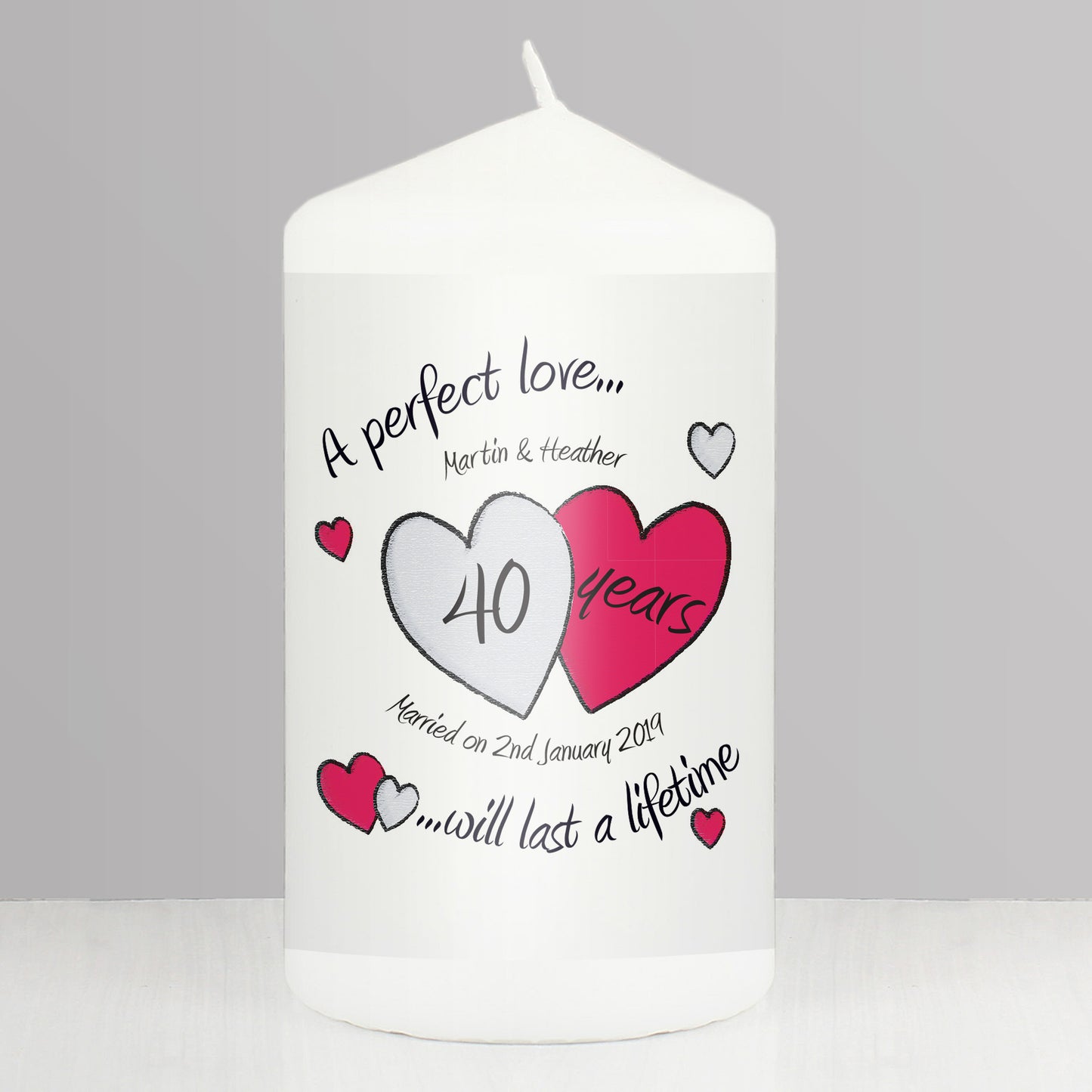 Personalised A Perfect Love Ruby Anniversary Pillar Candle - MK&JD Gifts