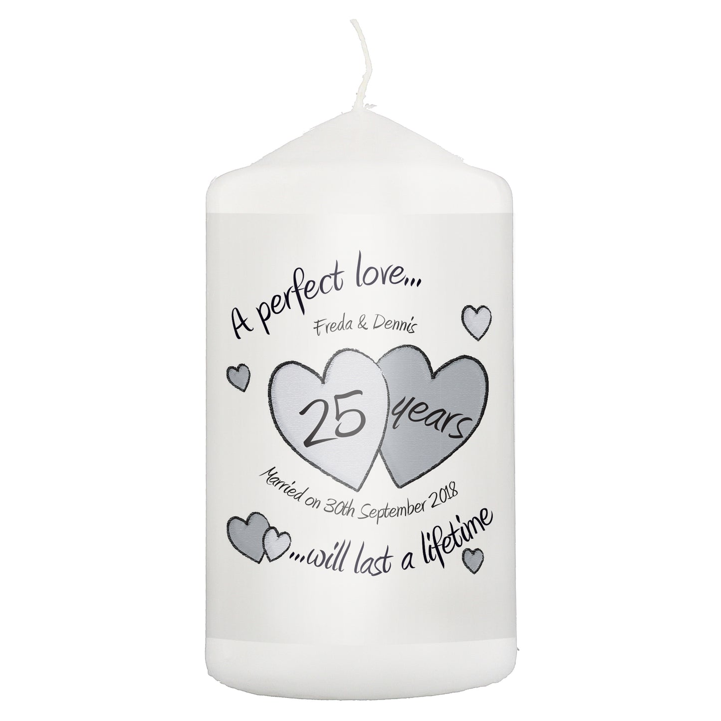Personalised A Perfect Love Silver Anniversary Pillar Candle - MK&JD Gifts