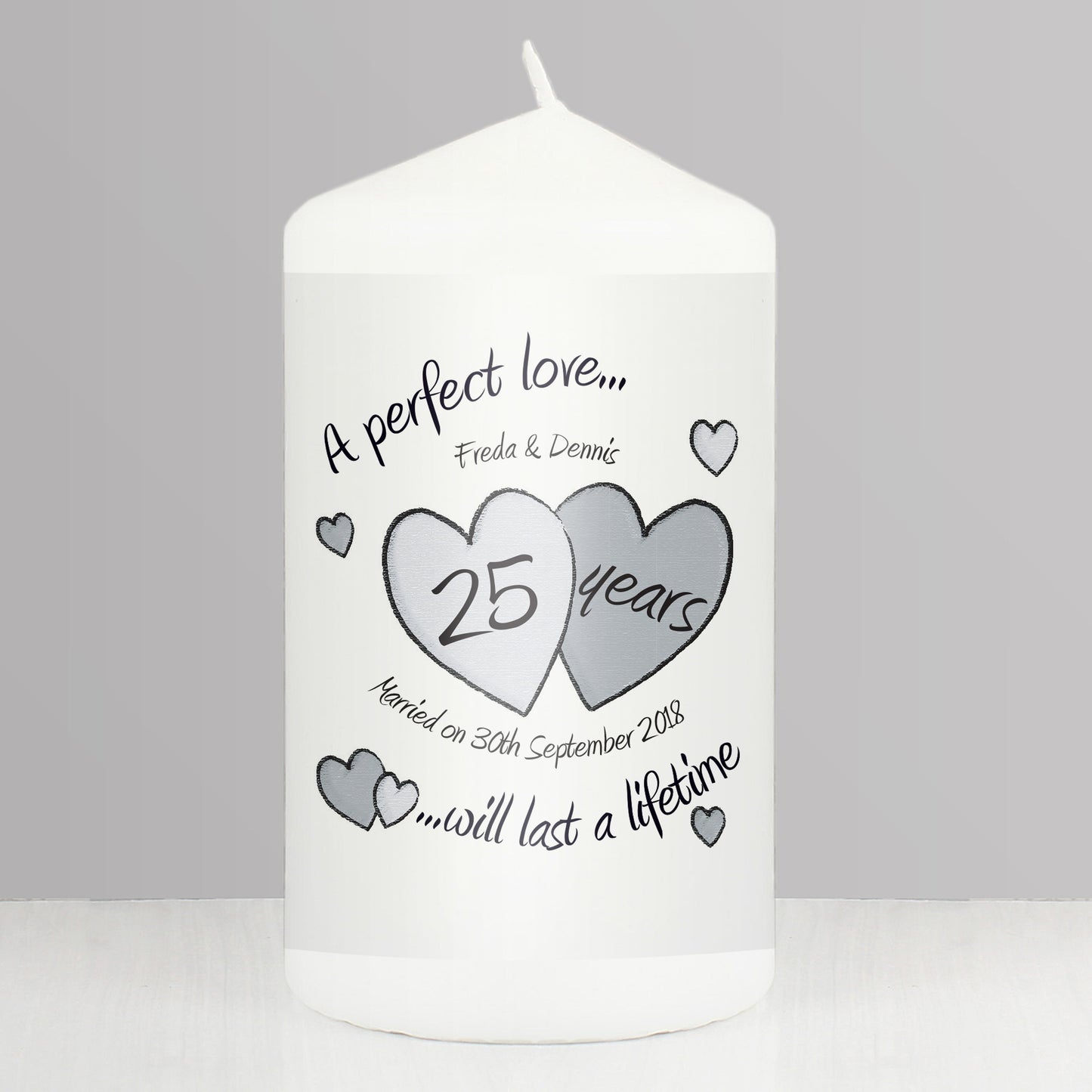 Personalised A Perfect Love Silver Anniversary Pillar Candle - MK&JD Gifts