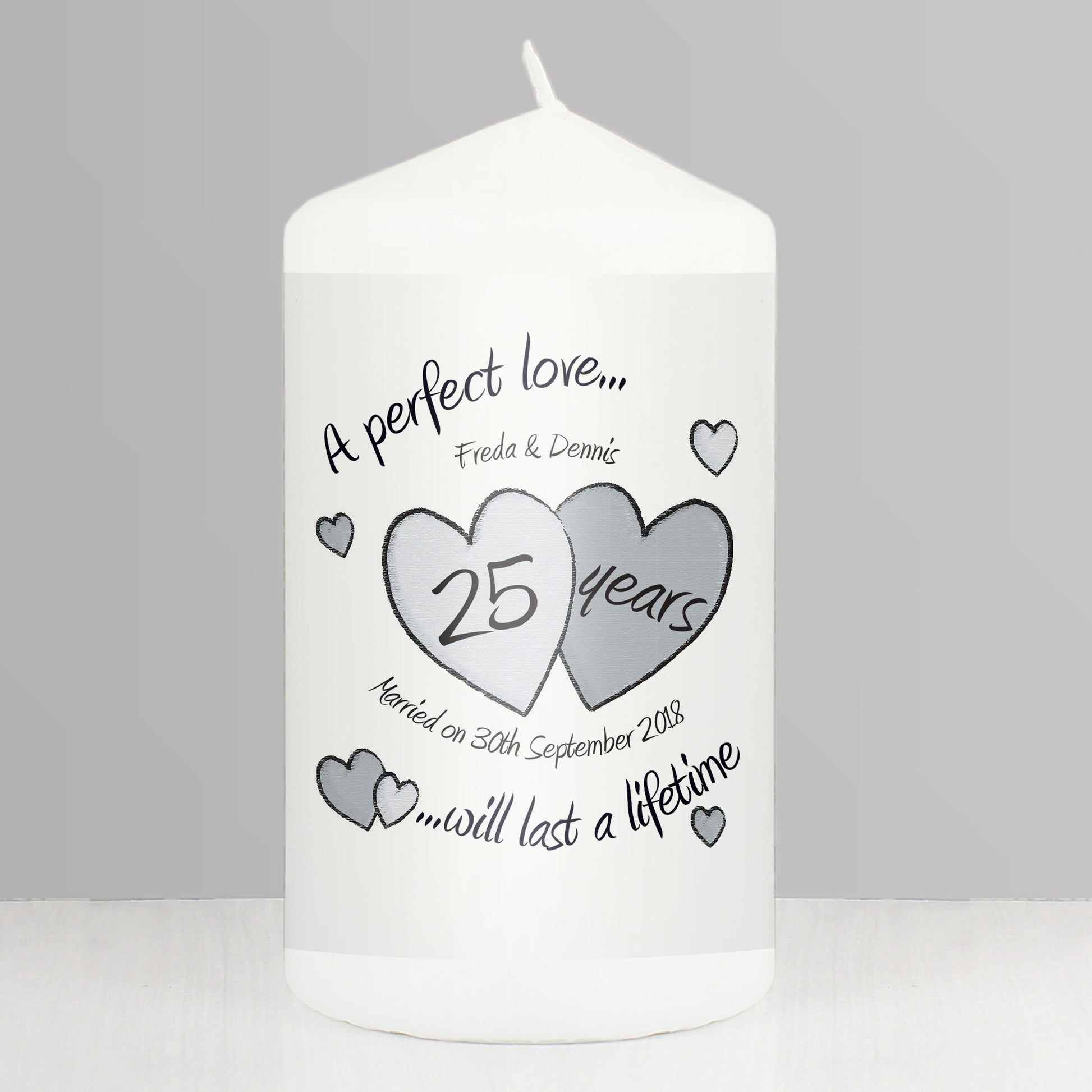 Personalised A Perfect Love Silver Anniversary Pillar Candle - MK&JD Gifts