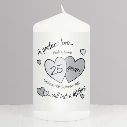 Personalised A Perfect Love Silver Anniversary Pillar Candle - MK&JD Gifts