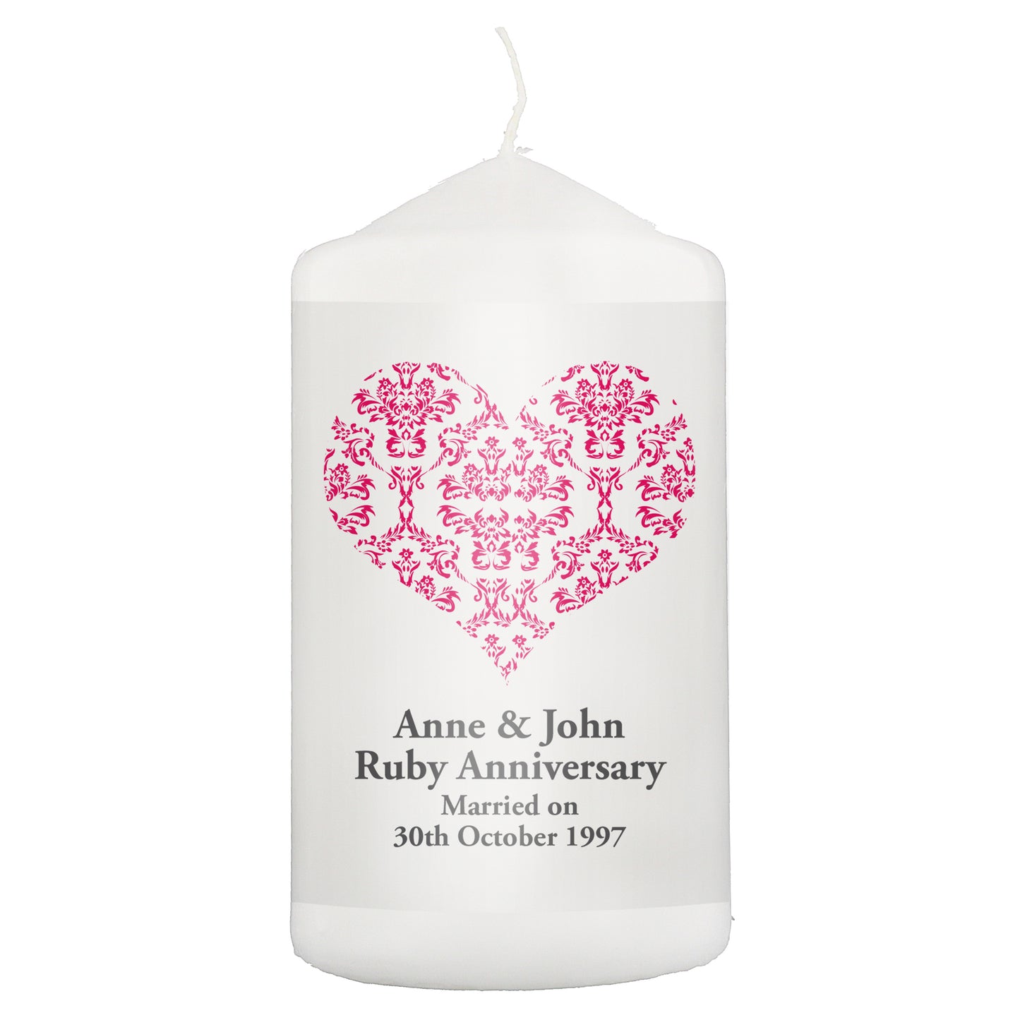 Personalised Ruby Damask Heart Pillar Candle - MK&JD Gifts