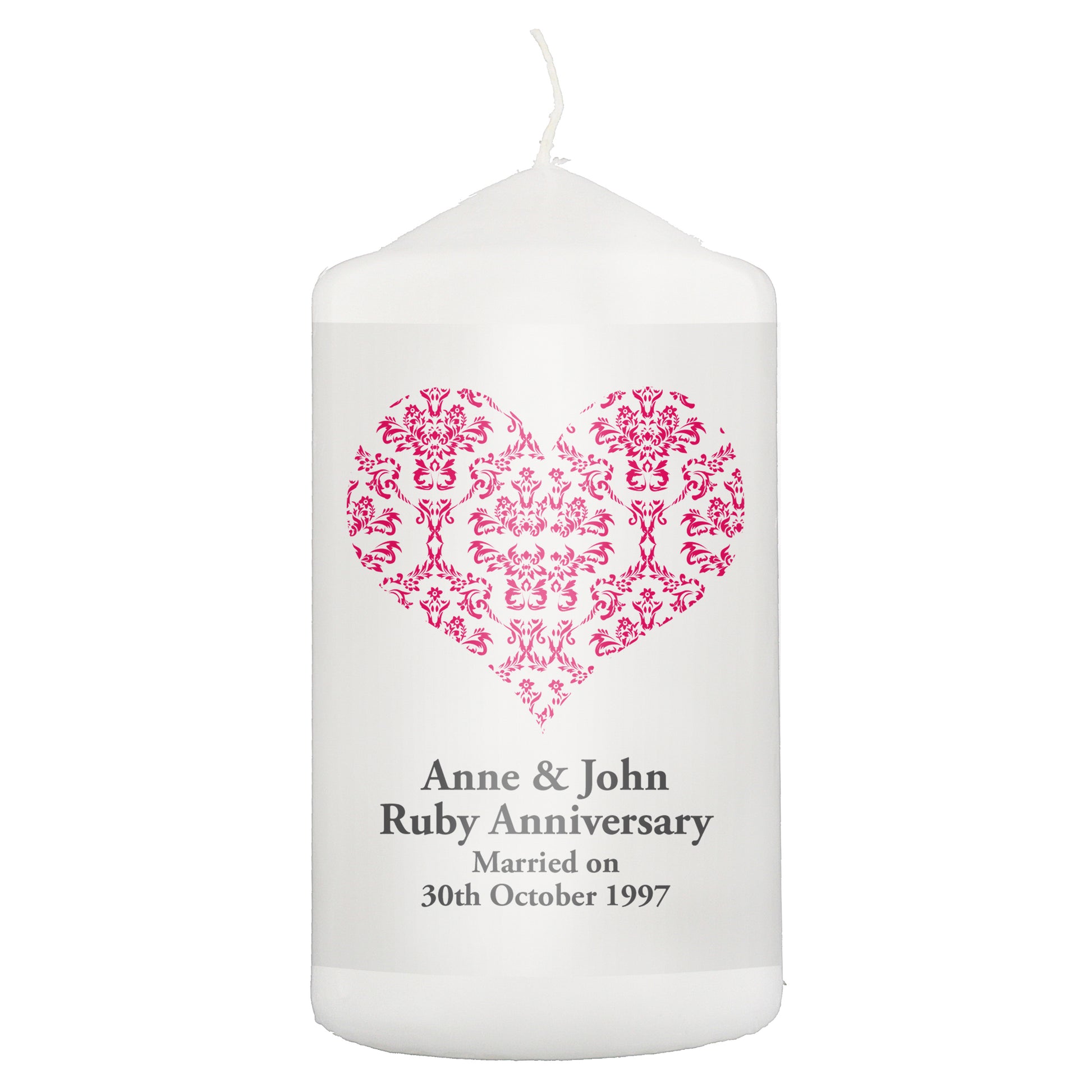 Personalised Ruby Damask Heart Pillar Candle - MK&JD Gifts