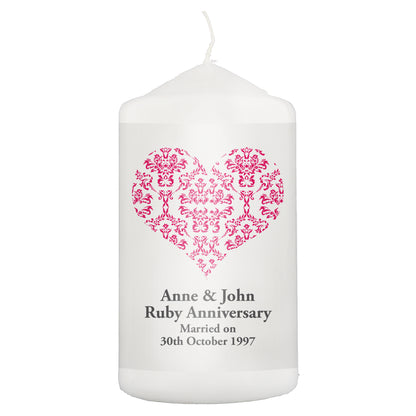 Personalised Ruby Damask Heart Pillar Candle - MK&JD Gifts