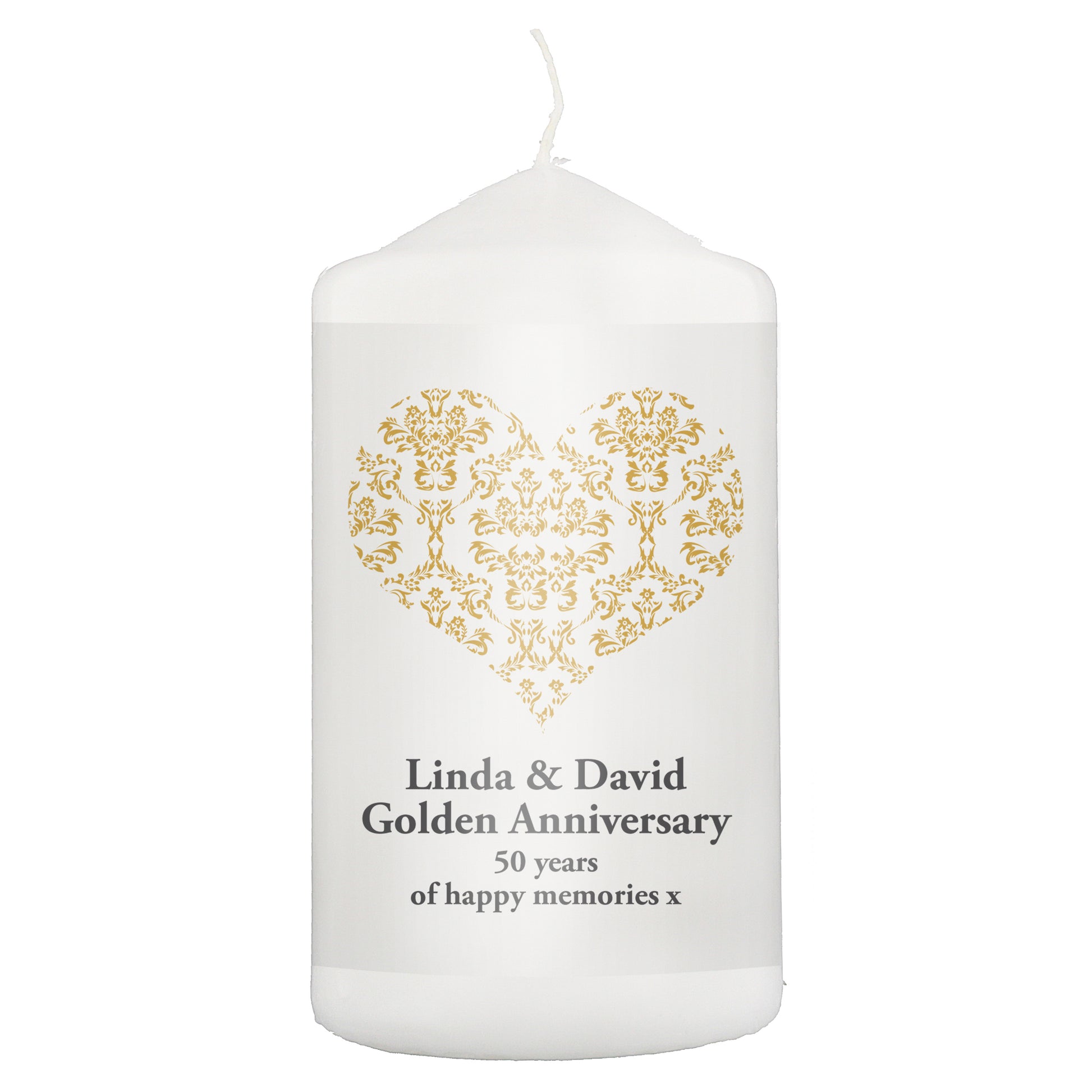 Personalised Gold Damask Heart Pillar Candle - MK&JD Gifts