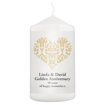 Personalised Gold Damask Heart Pillar Candle - MK&JD Gifts