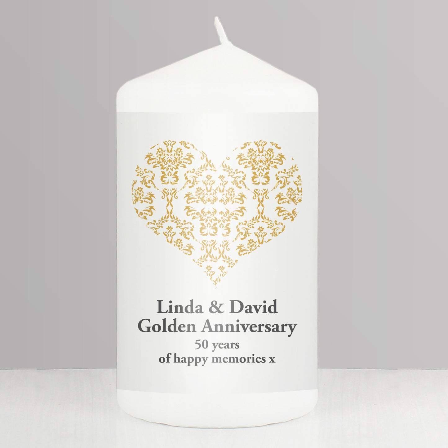 Personalised Gold Damask Heart Pillar Candle - MK&JD Gifts