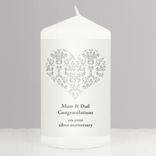 Personalised Silver Damask Heart Pillar Candle - MK&JD Gifts