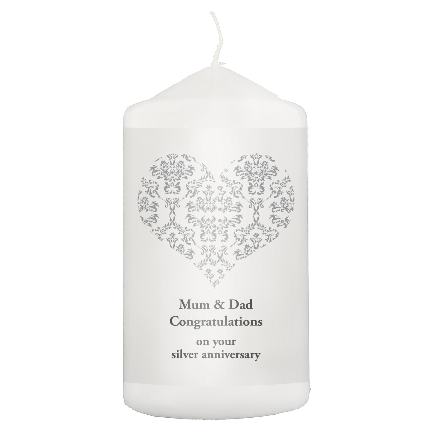 Personalised Silver Damask Heart Pillar Candle - MK&JD Gifts