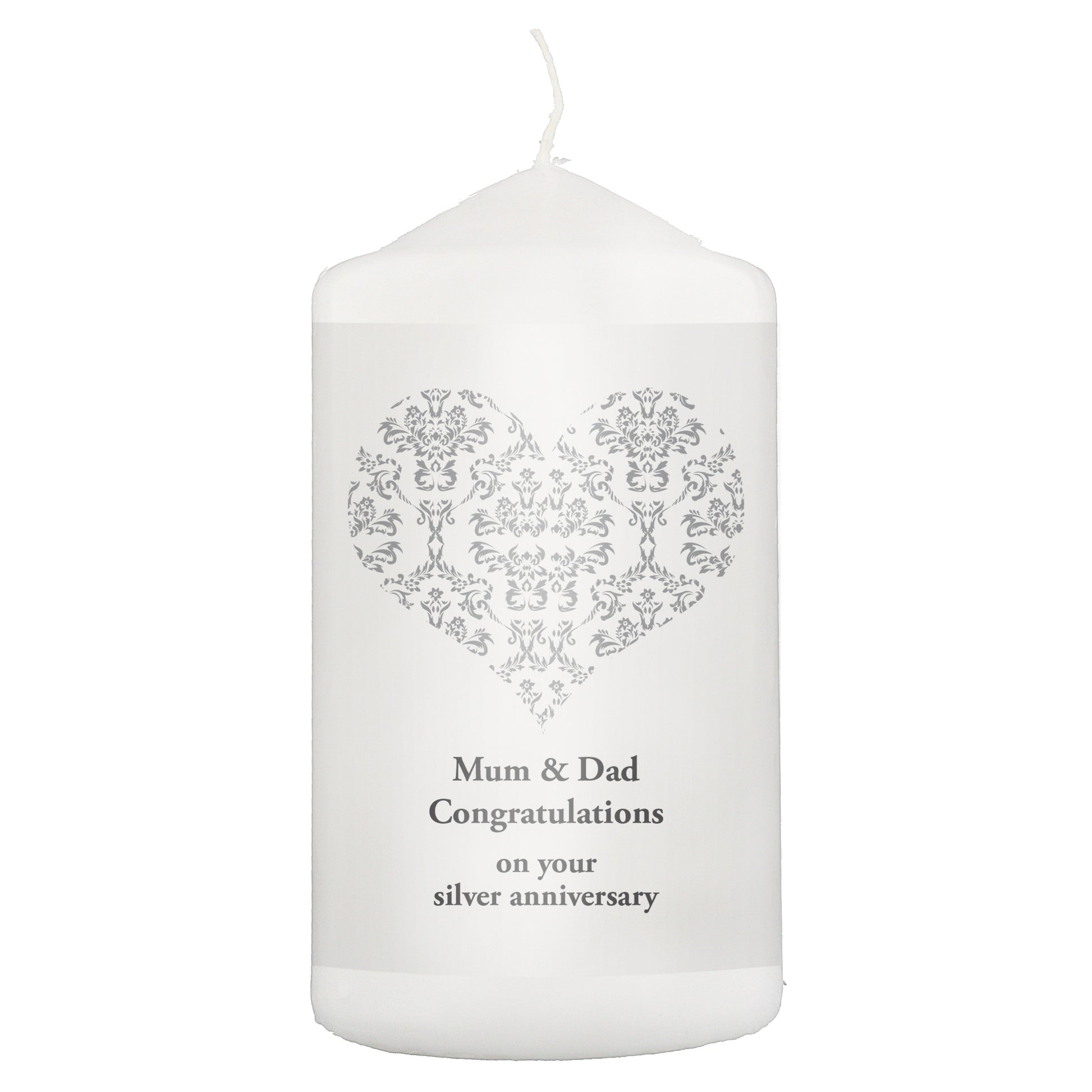 Personalised Silver Damask Heart Pillar Candle - MK&JD Gifts