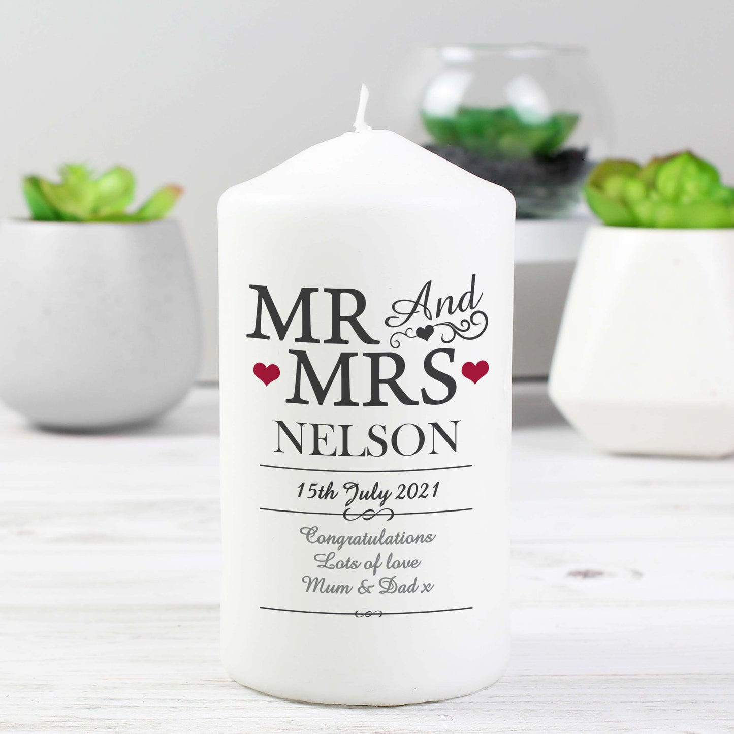 Personalised Mr & Mrs Pillar Candle - MK&JD Gifts