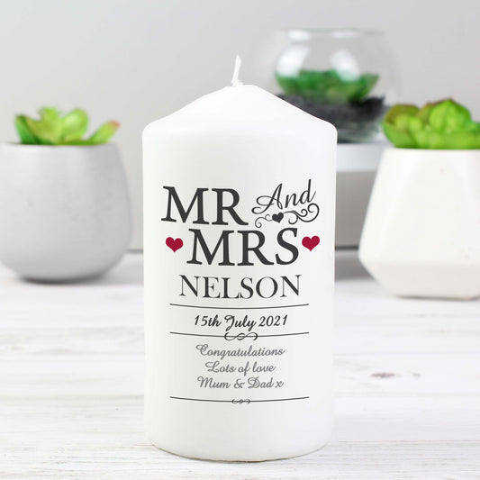 Personalised Mr & Mrs Pillar Candle - MK&JD Gifts