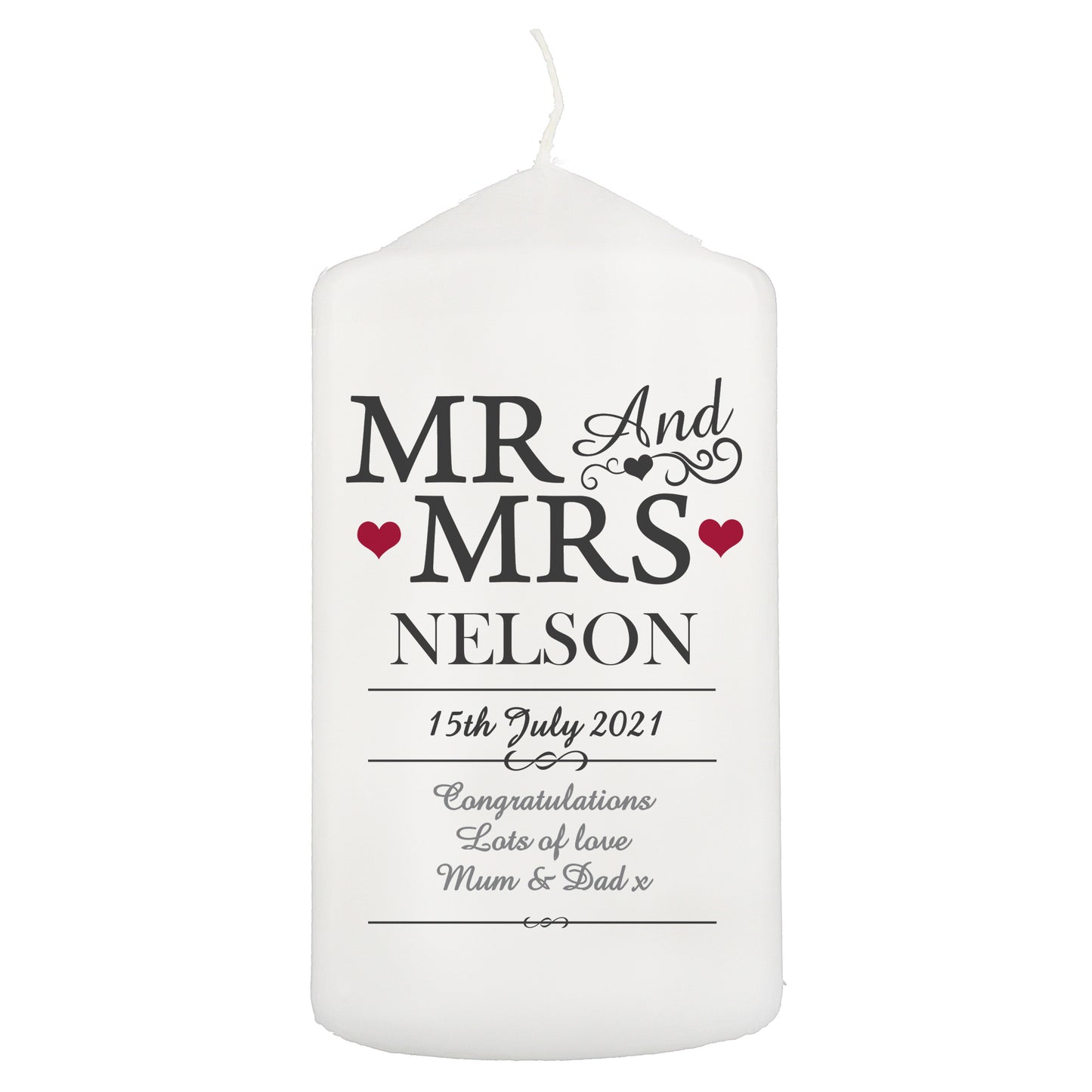 Personalised Mr & Mrs Pillar Candle - MK&JD Gifts