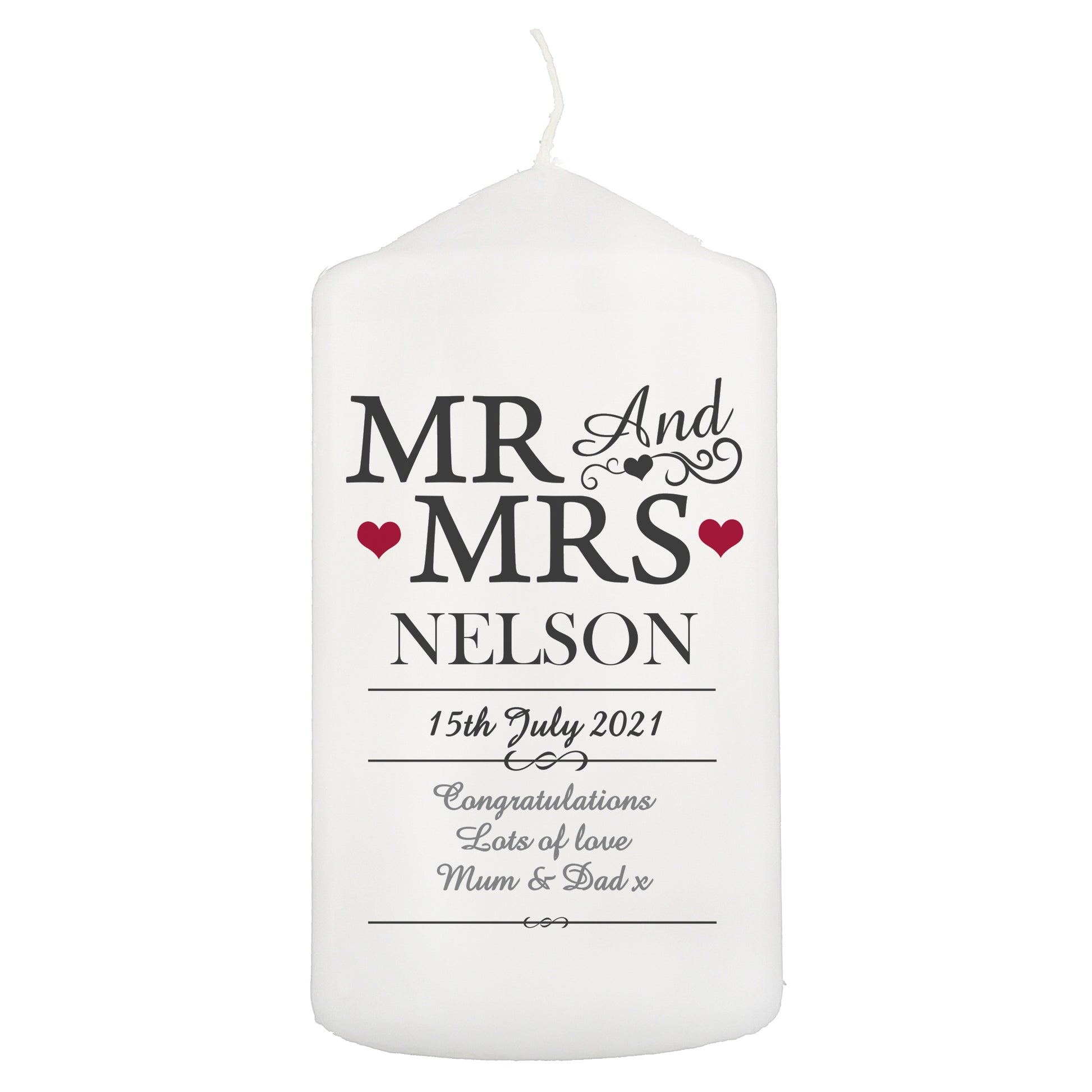 Personalised Mr & Mrs Pillar Candle - MK&JD Gifts