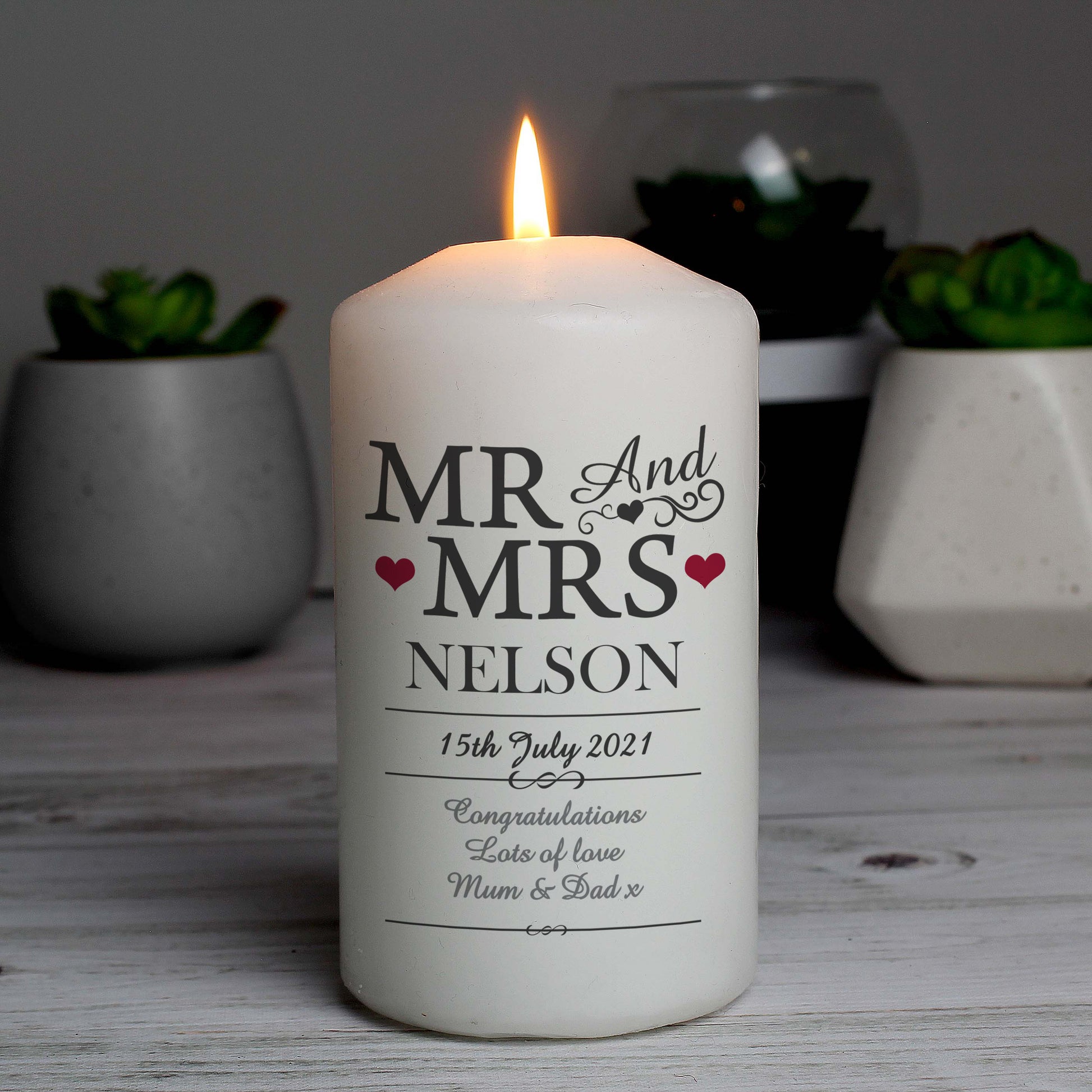 Personalised Mr & Mrs Pillar Candle - MK&JD Gifts