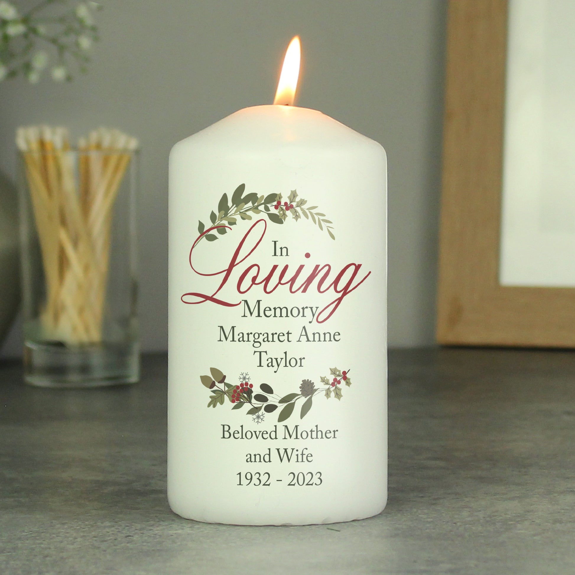Personalised In Loving Memory Wreath Pillar Candle - MK&JD Gifts