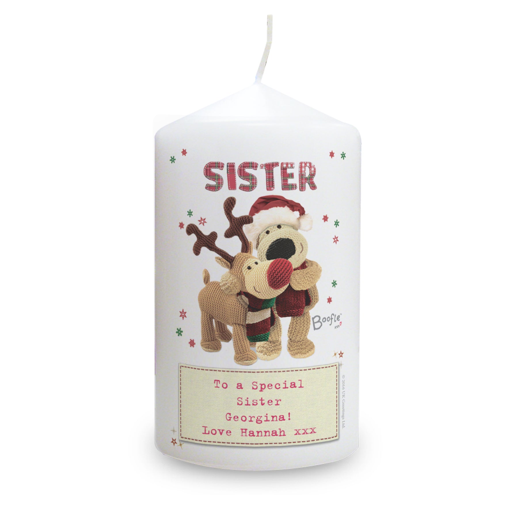 Personalised Boofle Christmas Reindeer Pillar Candle - MK&JD Gifts