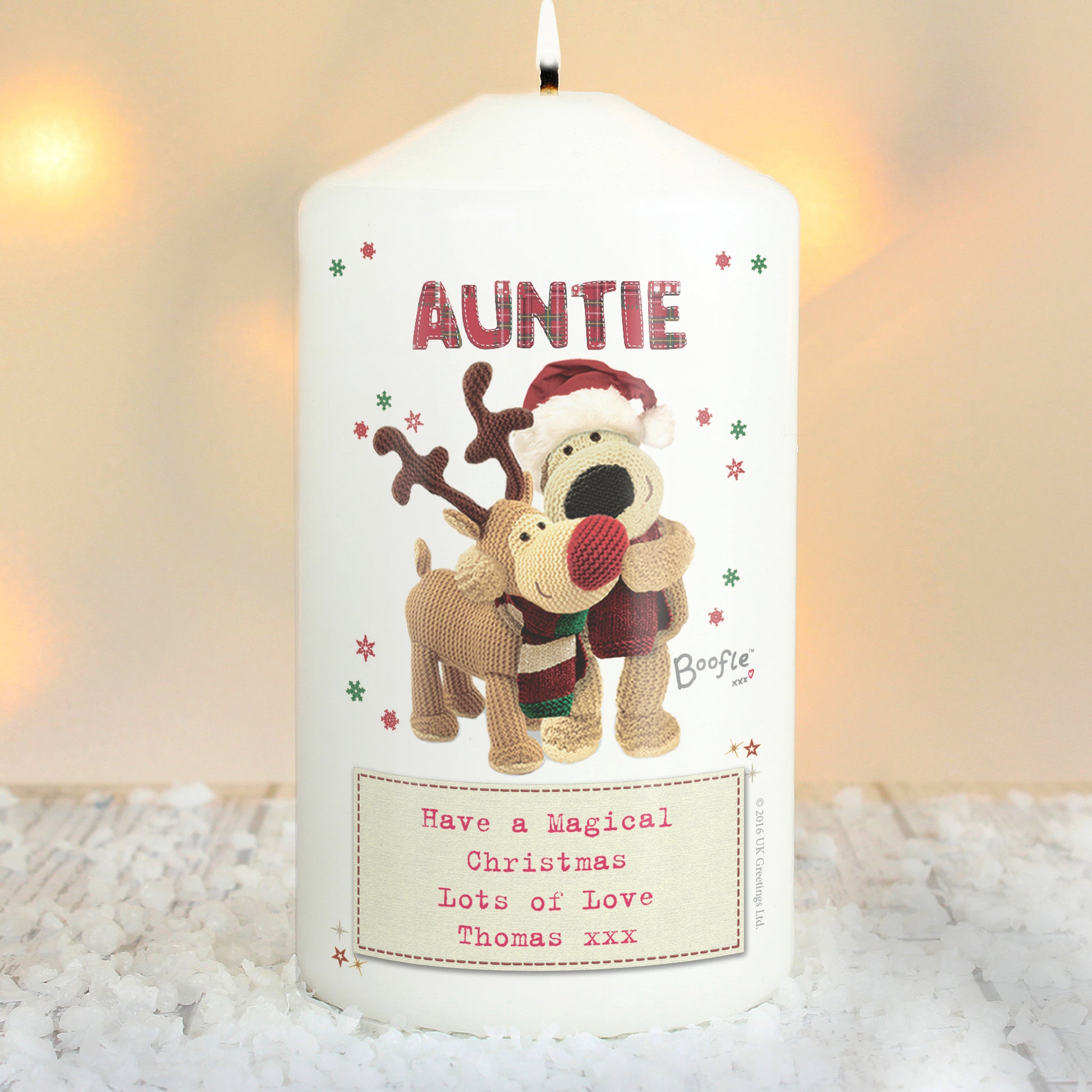 Personalised Boofle Christmas Reindeer Pillar Candle - MK&JD Gifts