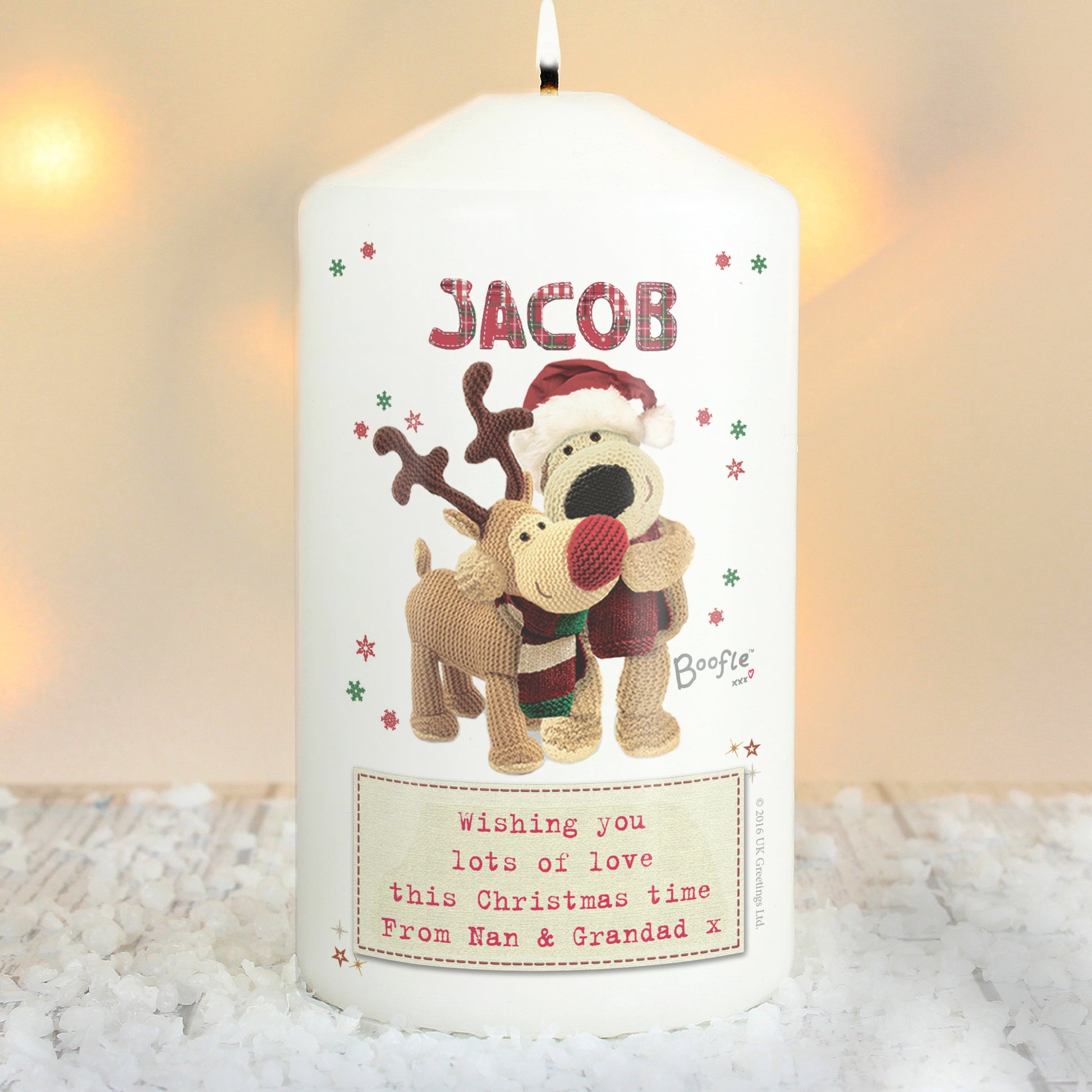 Personalised Boofle Christmas Reindeer Pillar Candle - MK&JD Gifts