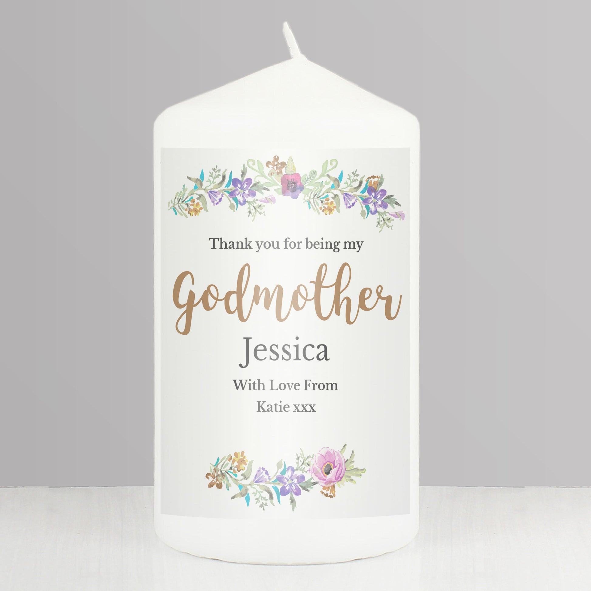 Personalised Godmother 'Floral Watercolour' Pillar Candle - MK&JD Gifts