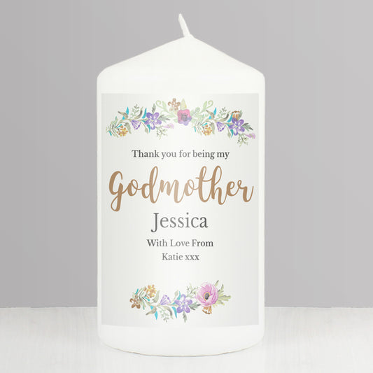 Personalised Godmother 'Floral Watercolour' Pillar Candle - MK&JD Gifts