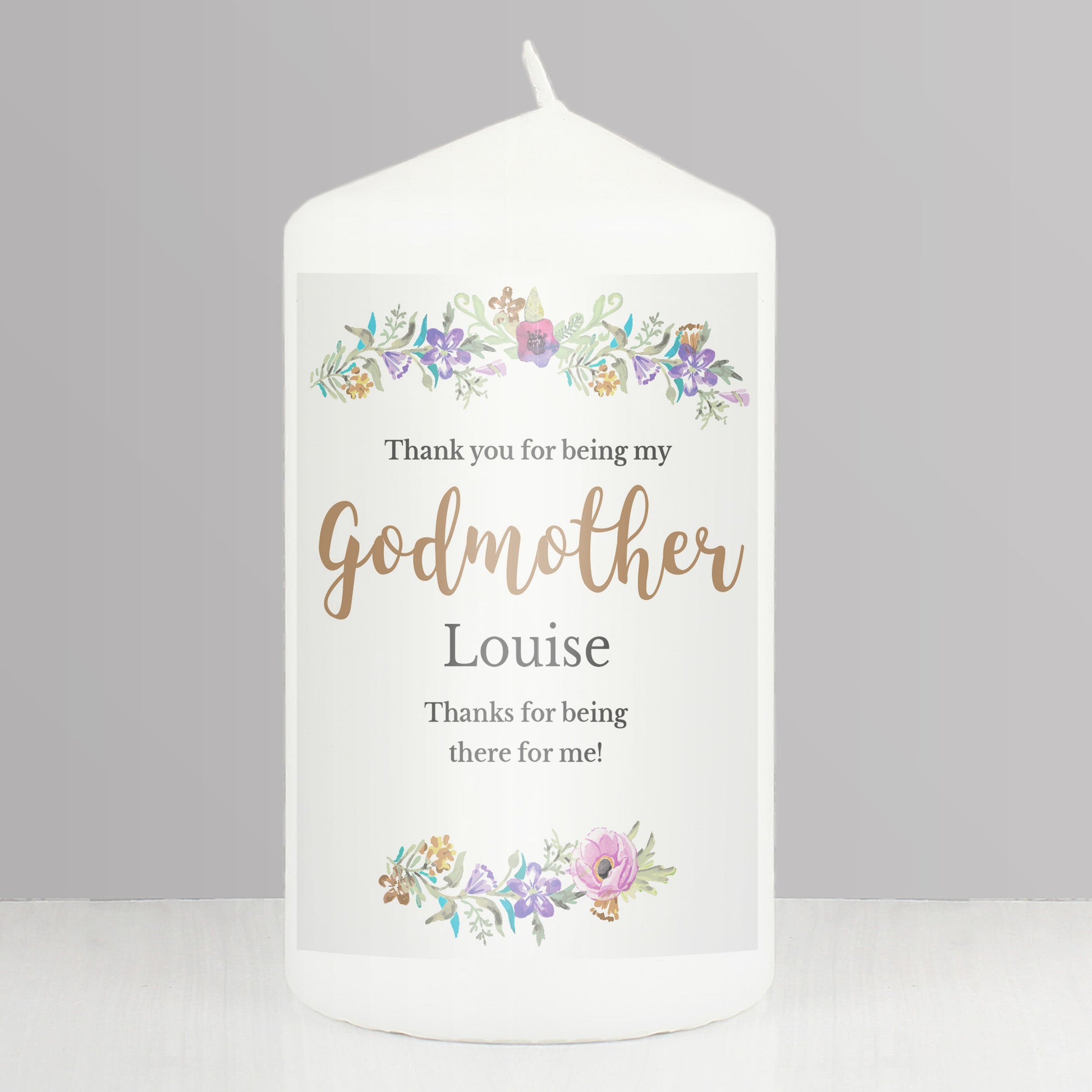 Personalised Godmother 'Floral Watercolour' Pillar Candle - MK&JD Gifts