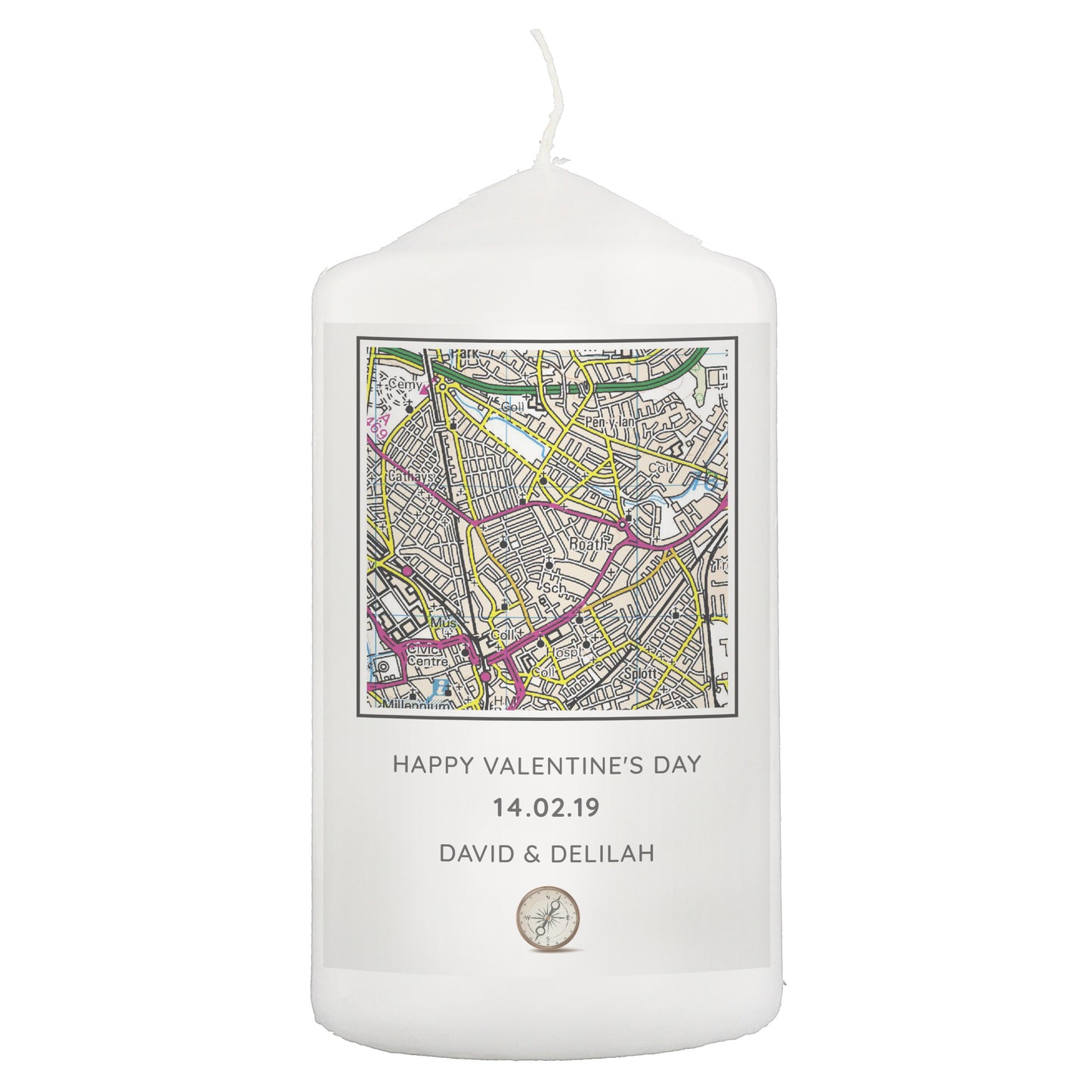 Personalised Present Day Map Compass Pillar Candle - MK&JD Gifts