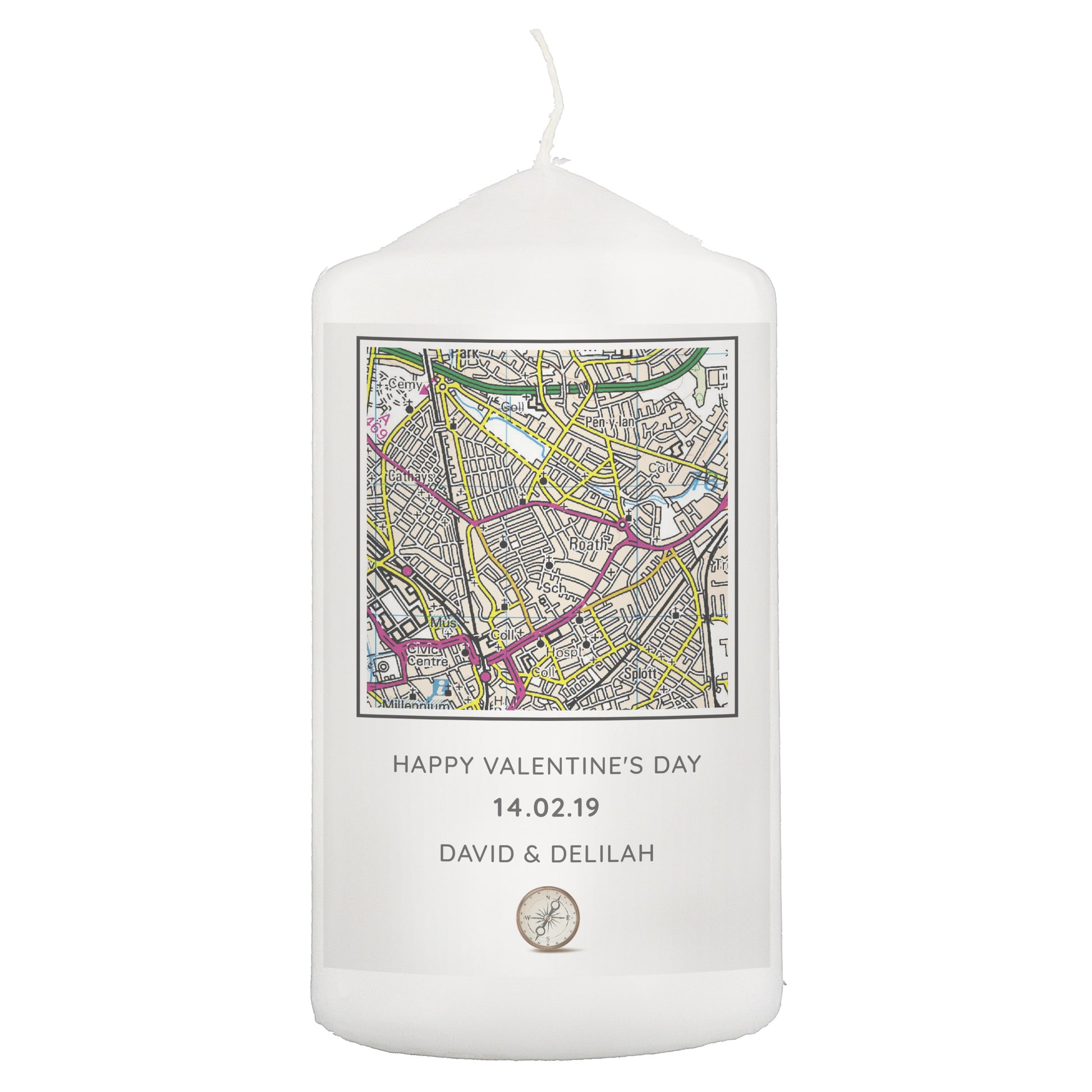 Personalised Present Day Map Compass Pillar Candle - MK&JD Gifts