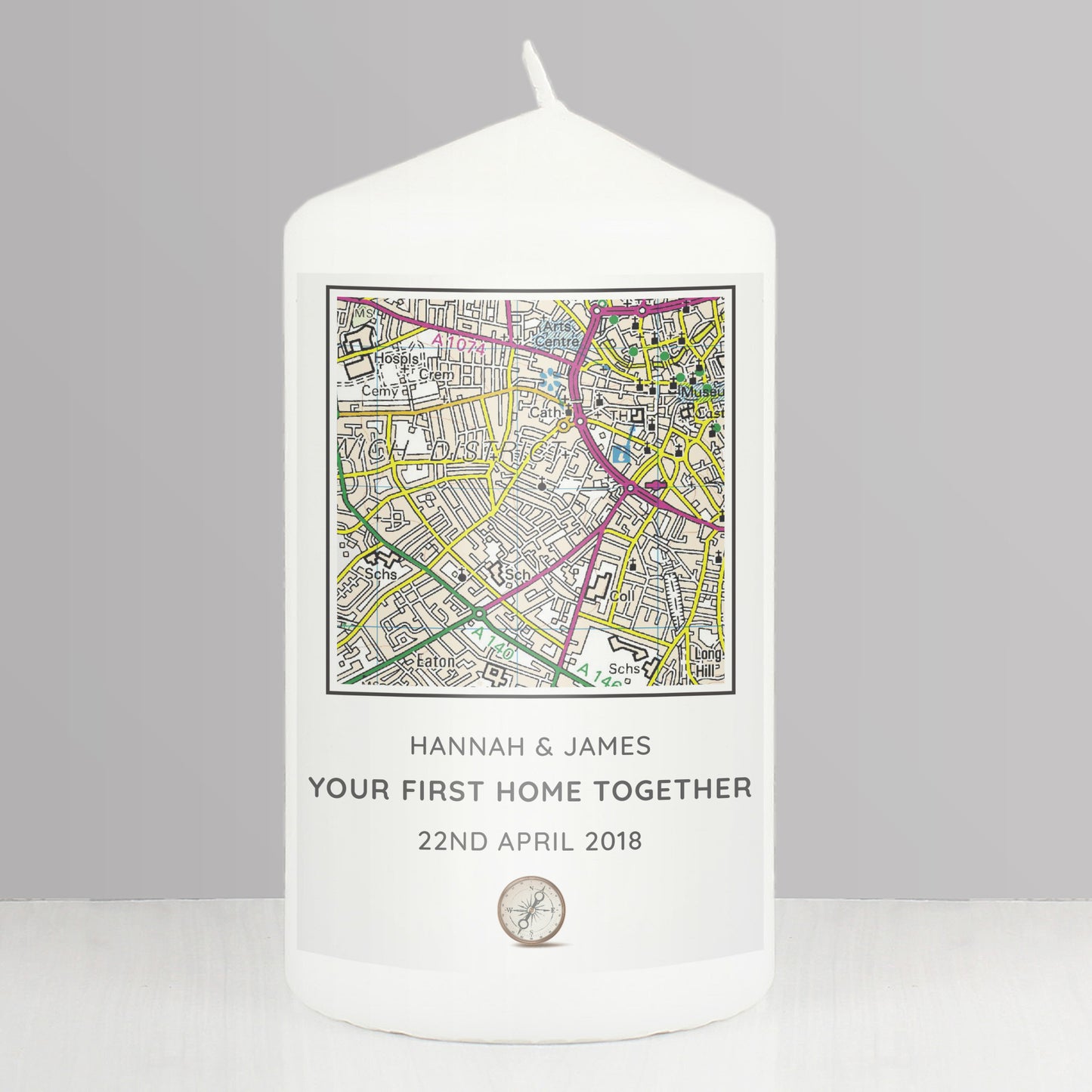 Personalised Present Day Map Compass Pillar Candle - MK&JD Gifts
