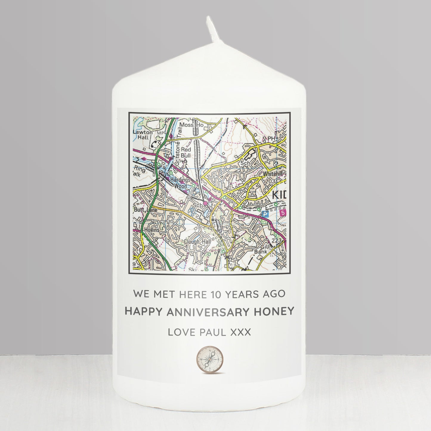 Personalised Present Day Map Compass Pillar Candle - MK&JD Gifts
