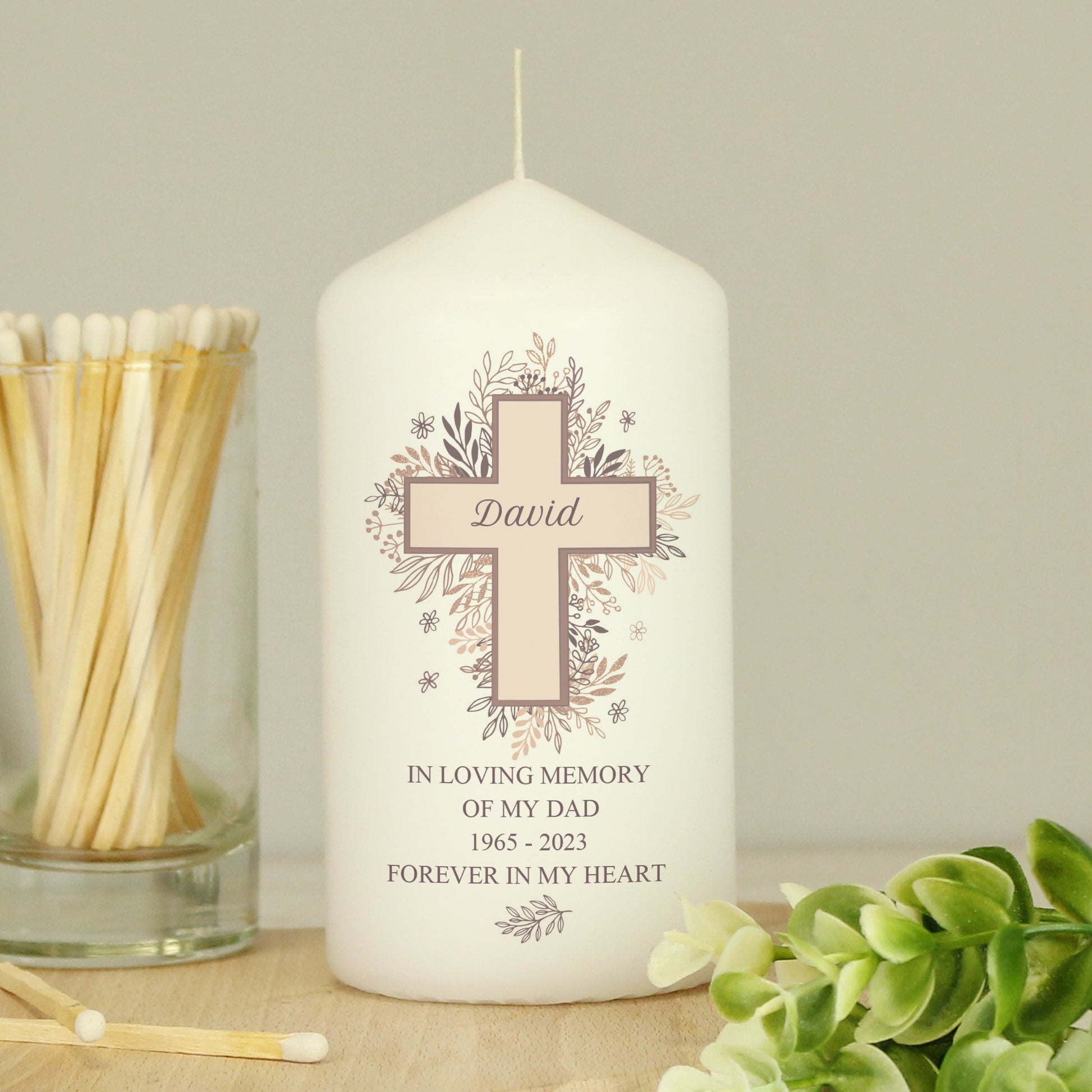 Personalised Floral Cross Pillar Candle - MK&JD Gifts