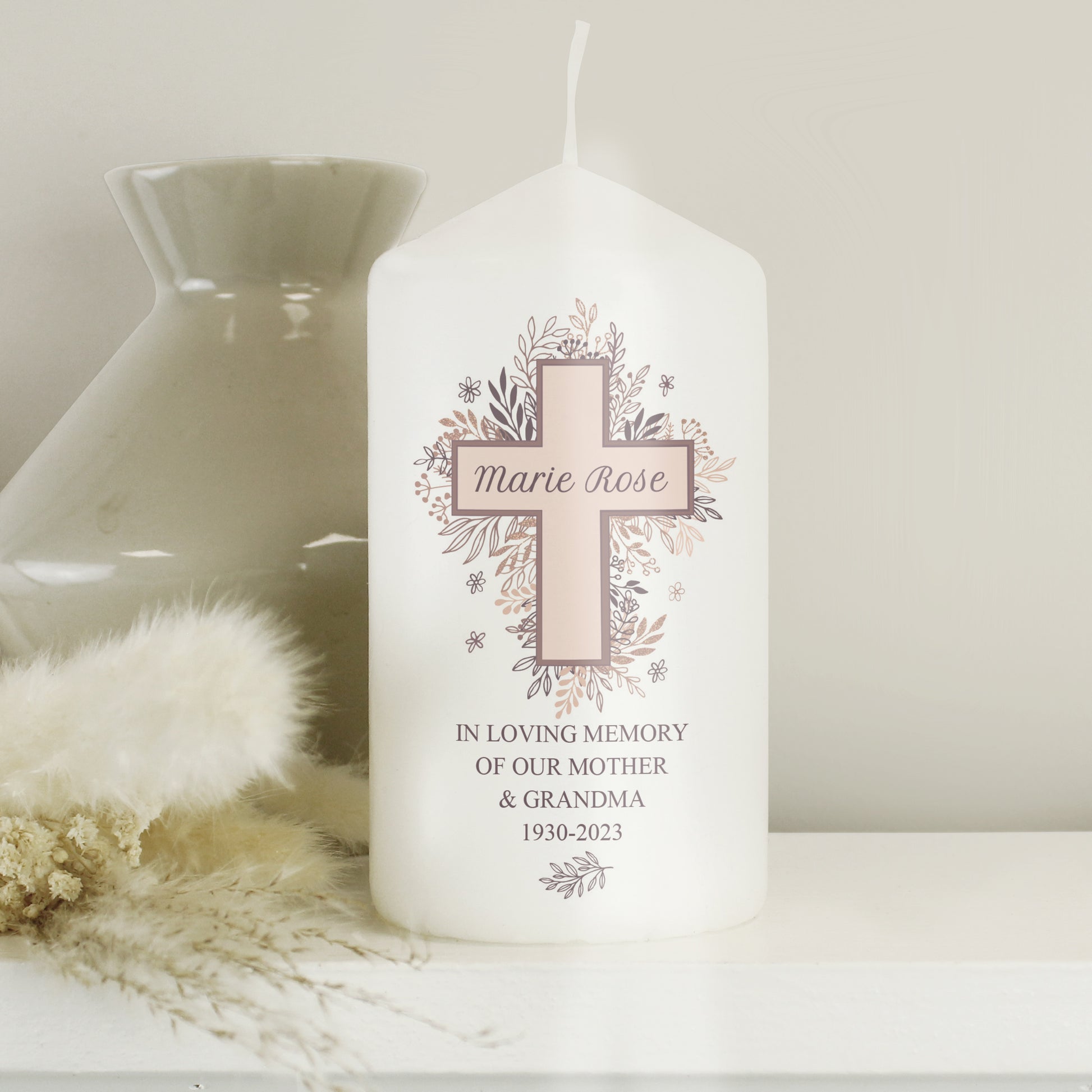 Personalised Floral Cross Pillar Candle - MK&JD Gifts