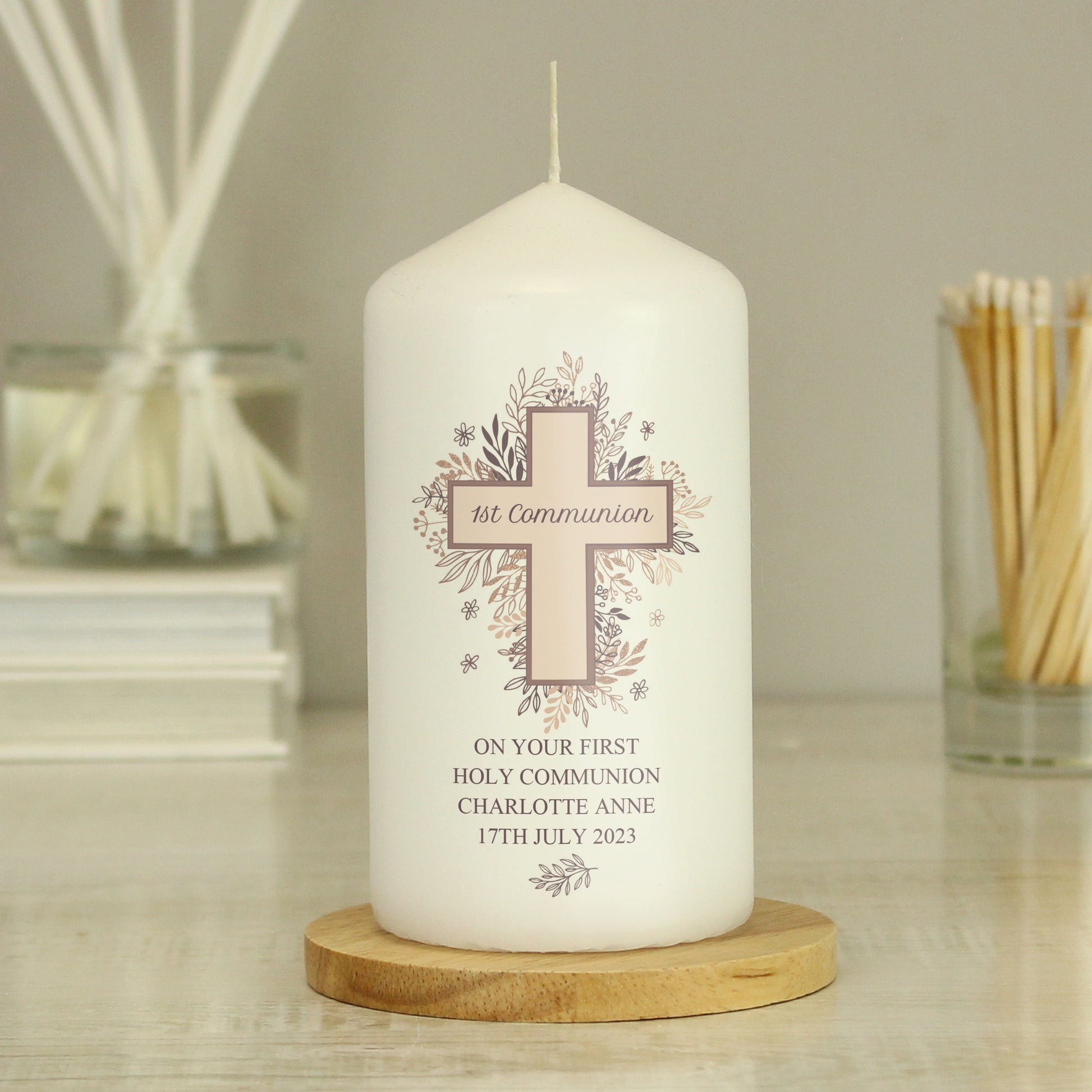 Personalised Floral Cross Pillar Candle - MK&JD Gifts