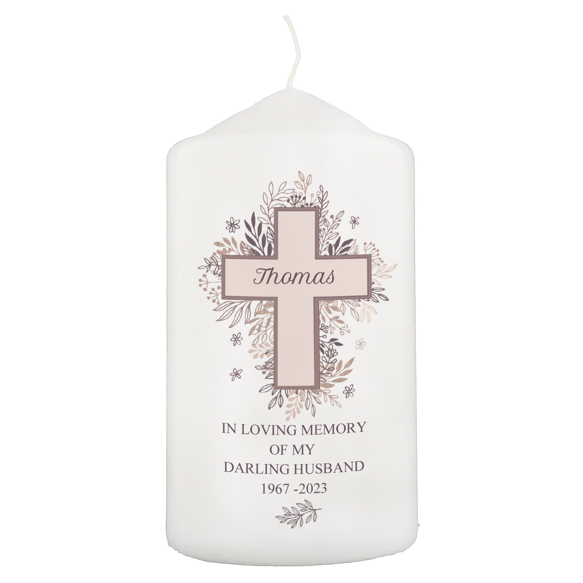 Personalised Floral Cross Pillar Candle - MK&JD Gifts