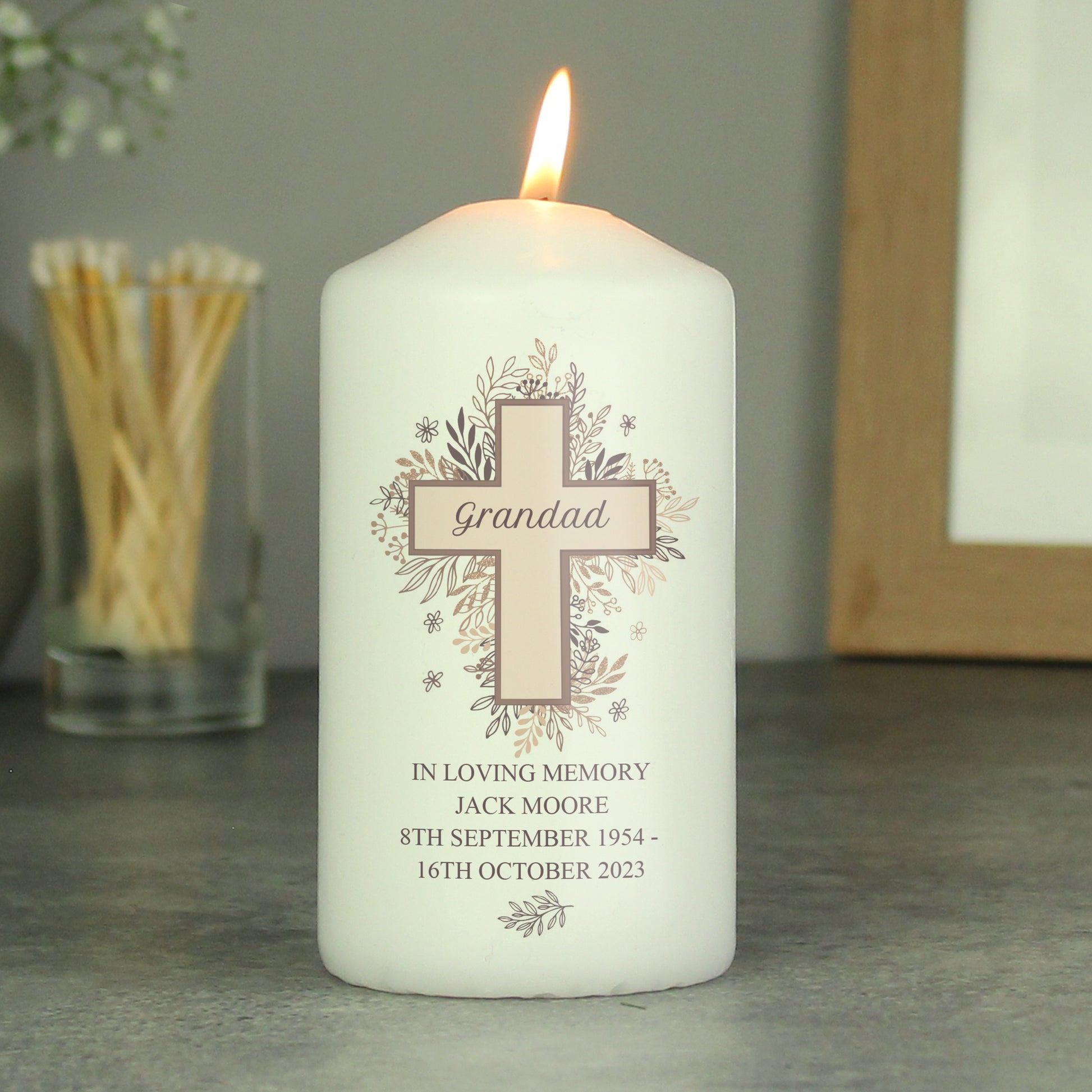 Personalised Floral Cross Pillar Candle - MK&JD Gifts