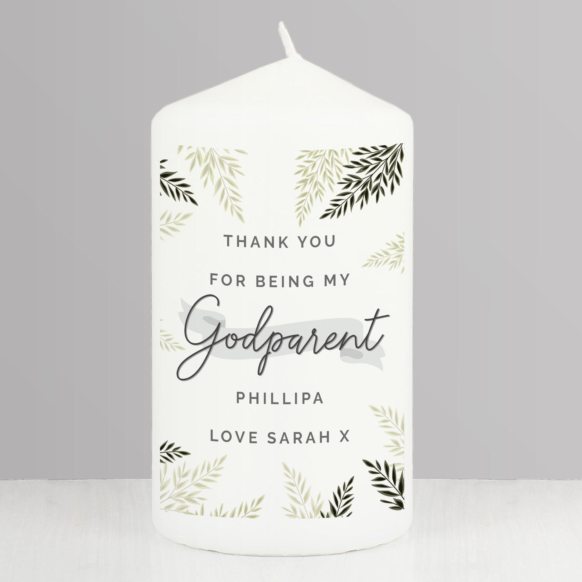 Personalised Godparent Leaves Pillar Candle - MK&JD Gifts