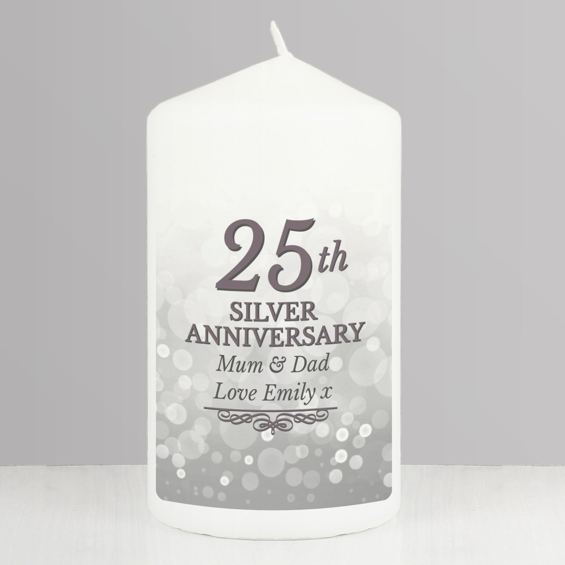 Personalised 25th Silver Anniversary Pillar Candle - MK&JD Gifts