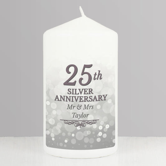 Personalised 25th Silver Anniversary Pillar Candle - MK&JD Gifts