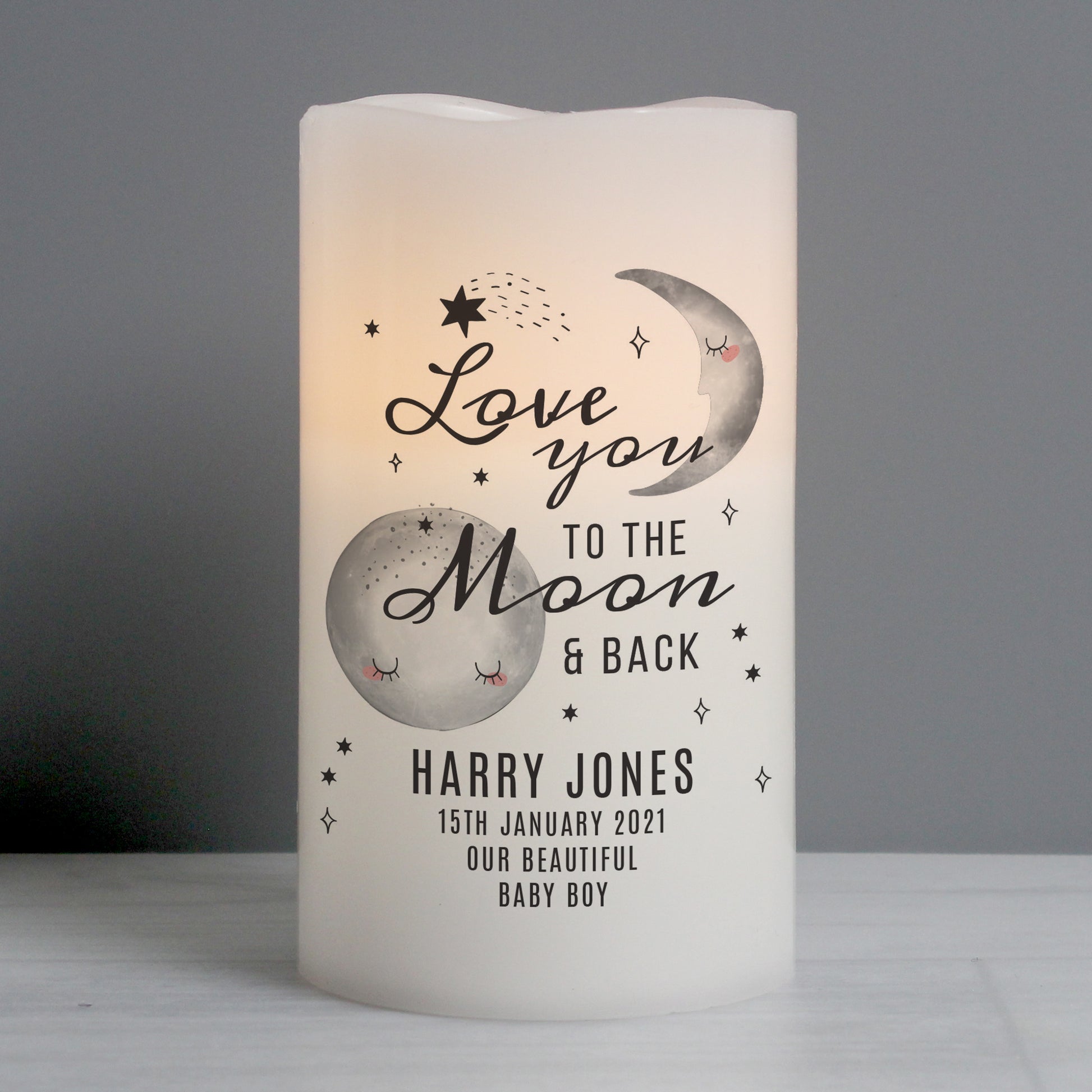Personalised Baby To The Moon and Back LED Candle - MK&JD Gifts